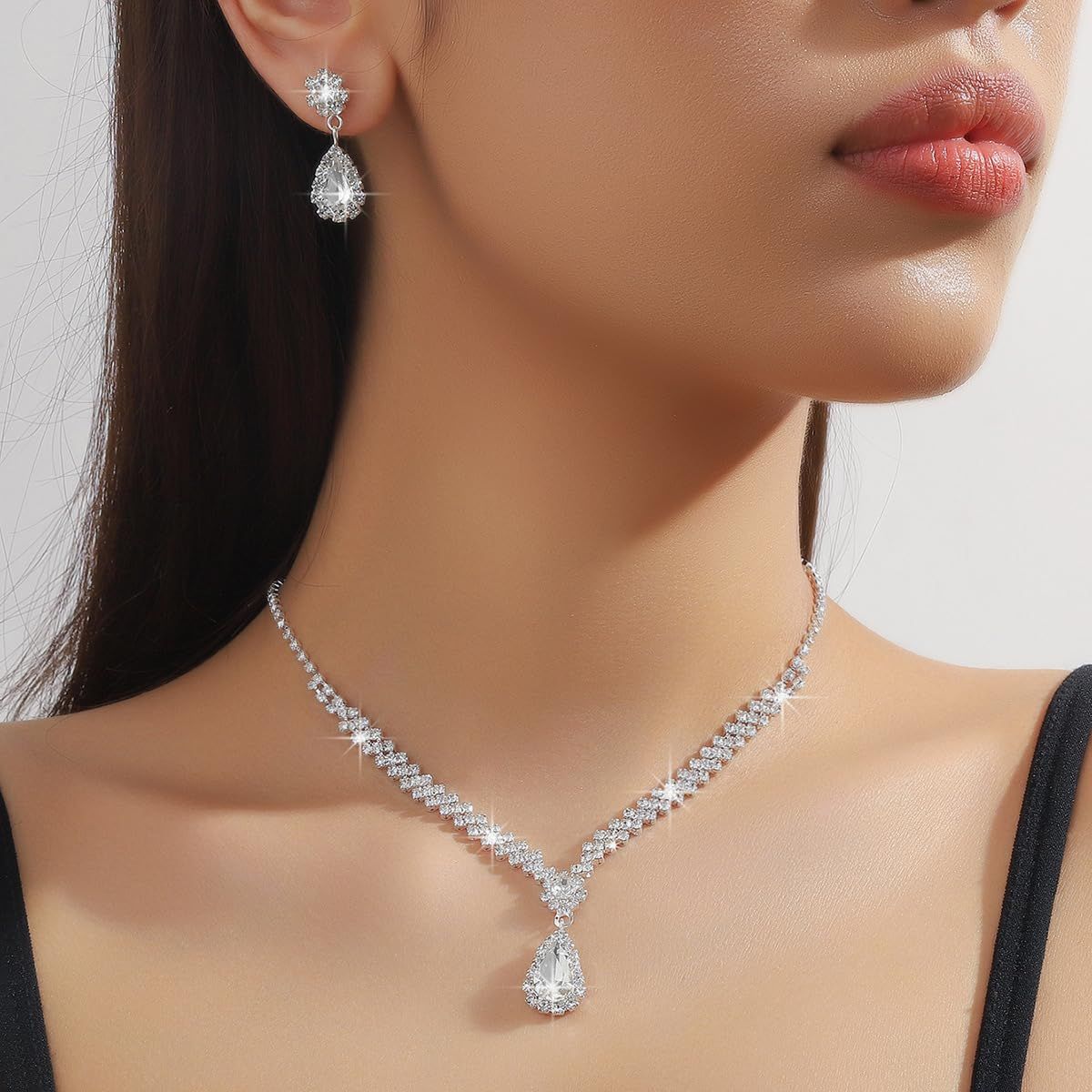 Wedding Jewelry for Bridal Bridesmaid Silver Rhinestone Jewelry Set Bride Crystal Necklace Earrings Set for Women Party Prom — image 4
