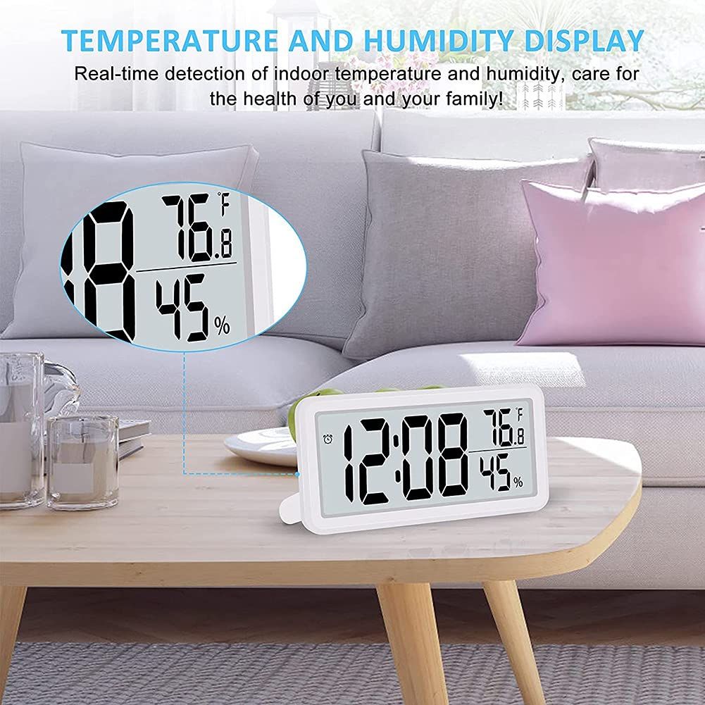 Digital,Desk Clock,Battery Operated LCD Electronic Clock for Bedroom Kitchen Office - WhiteTemperature and humidity — image 2