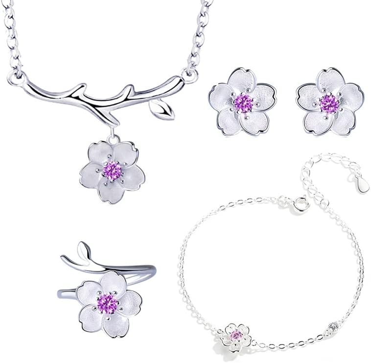 925 Sterling Silver Jewelry Sets Romantic Cherry Blossoms Flower Necklace+Earrings+Ring+Bracelet For Women Gift — image 2