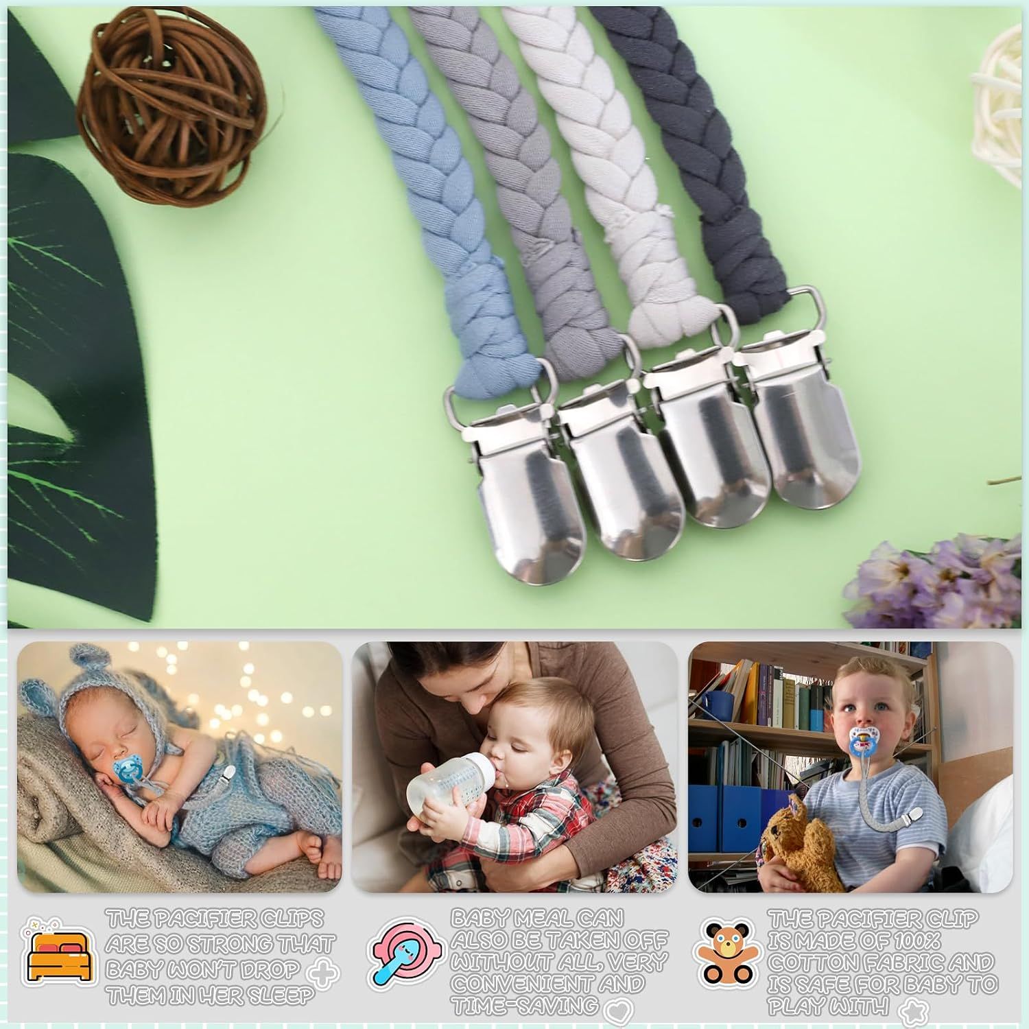 4 Pcs Pacifier Clip, Pacifier Clips for Boys & Baby Girls Pacifier Holder Clip Binky Clips Braided 100% Handmade Fits All Pacifiers — image 5