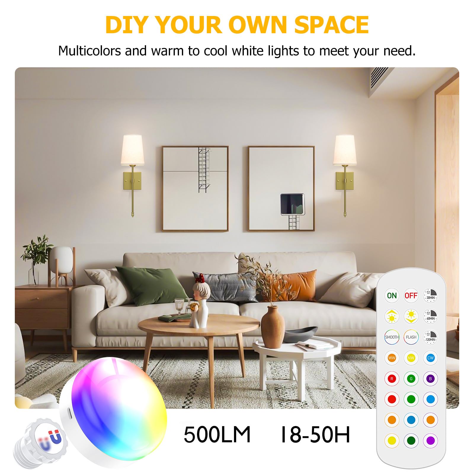 Battery Operated Wall Sconce, 5000mAh Rechargeable Dimmable RGB Wall Sconce Set of 2 with Remote, 3 Color Temperature Indoor Battery Powered Wall Lamp Light โ image 3