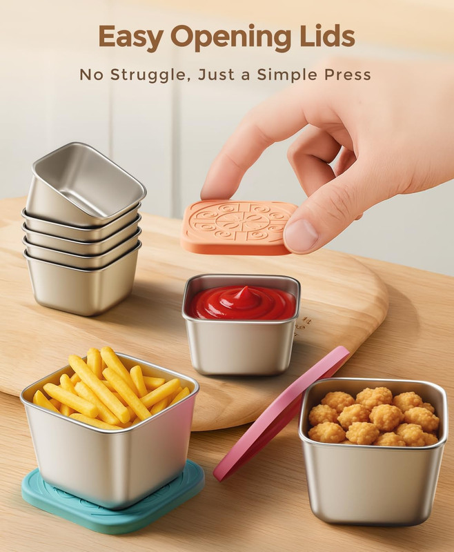 12Pack 6oz Stainless Steel Snack Containers and 2oz Salad Dressing To Go Containers with Silicone Lids, Reusable Square Meal Prep Condiment Sauce Containers — image 4