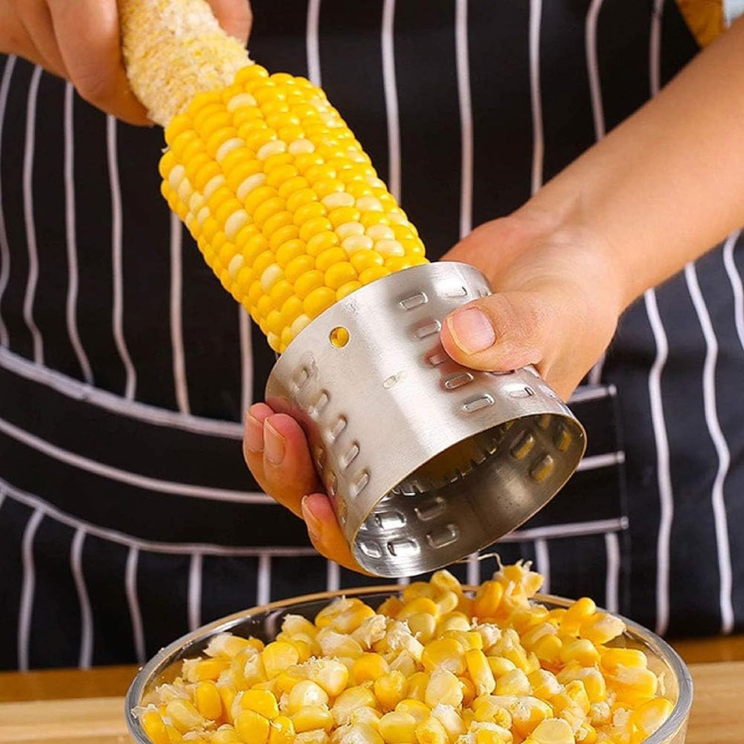 2-Pack Premium Stainless Steel Manual Corn Thresher Peeler and Cob Cutter with Safe Hidden Dual-Head Serrated Blades & Non-Slip Grip, Round Model