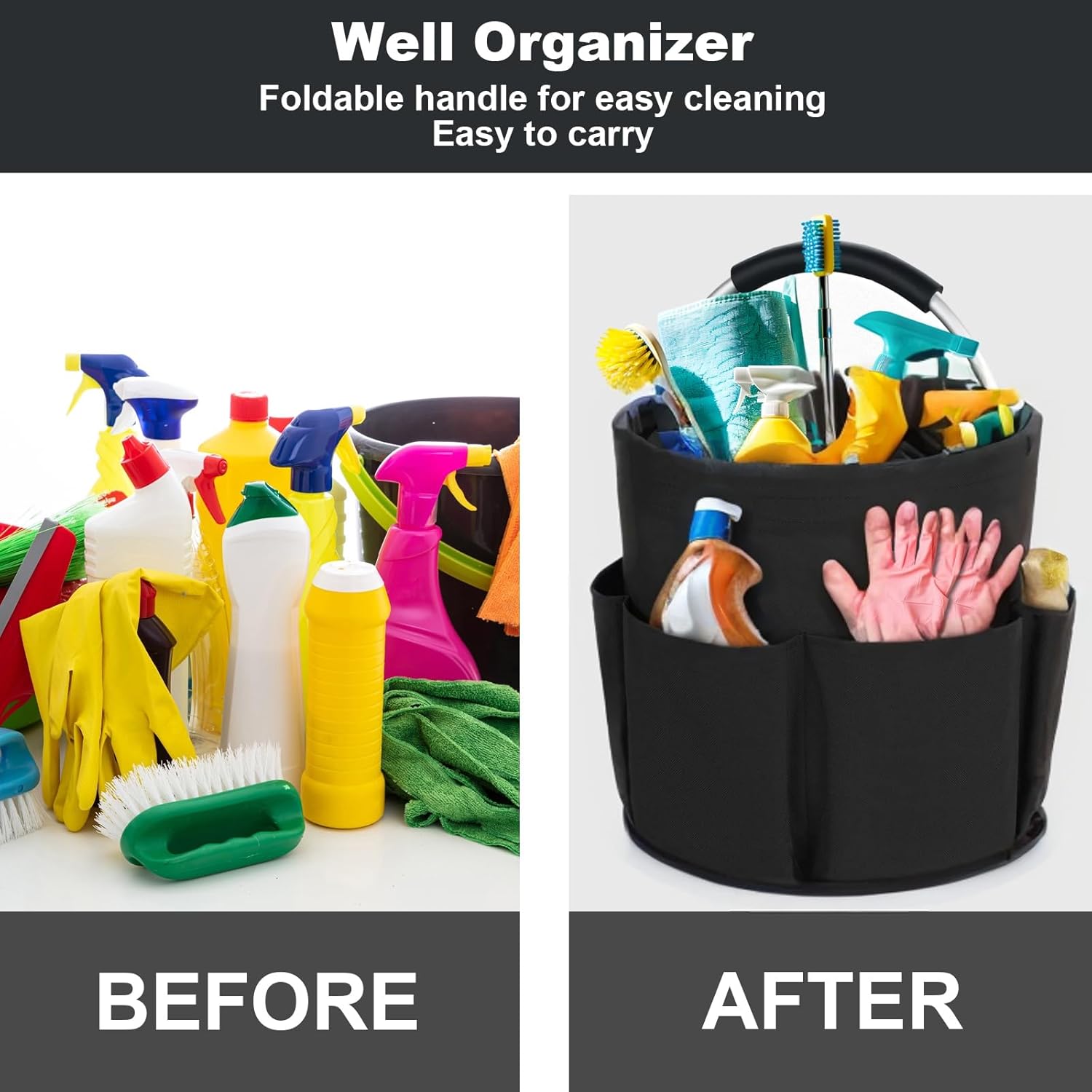 Black Foldable Cleaning Caddy with 6 Outer Pockets: 17L Collapsible Storage Basket for Household, Bathroom, Picnic & Beach – Durable Oxford Cloth Organizer — image 2