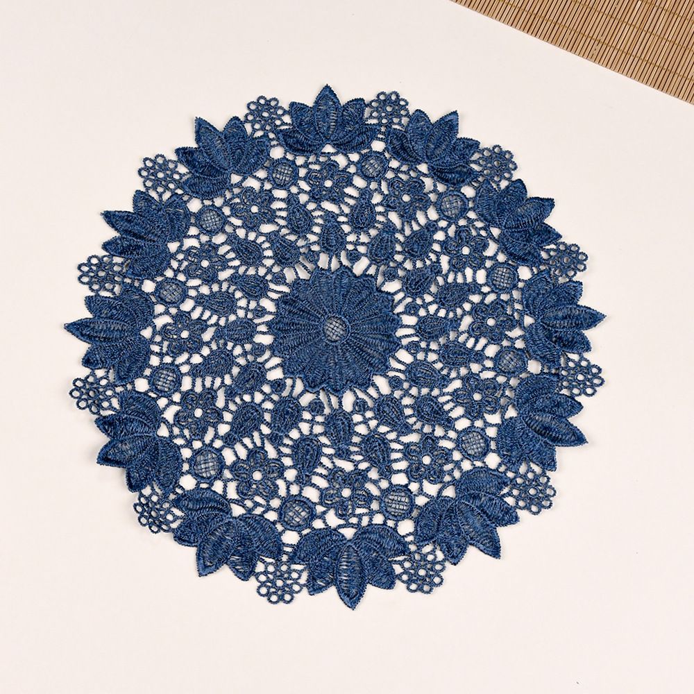 Blue embroidered heat-insulating coaster with anti slip hollow embroidery lace placemat, bowl and dish mat, ethnic style ornament(25cm) — image 4