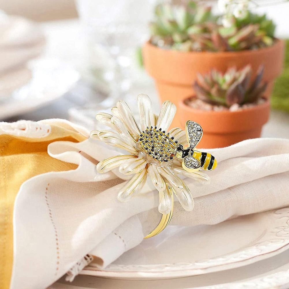 Set of 12 Daisies and Sunflowers Napkin Rings, Gold Napkin Ring Holders with Bees for Formal or Casual Dining — image 3