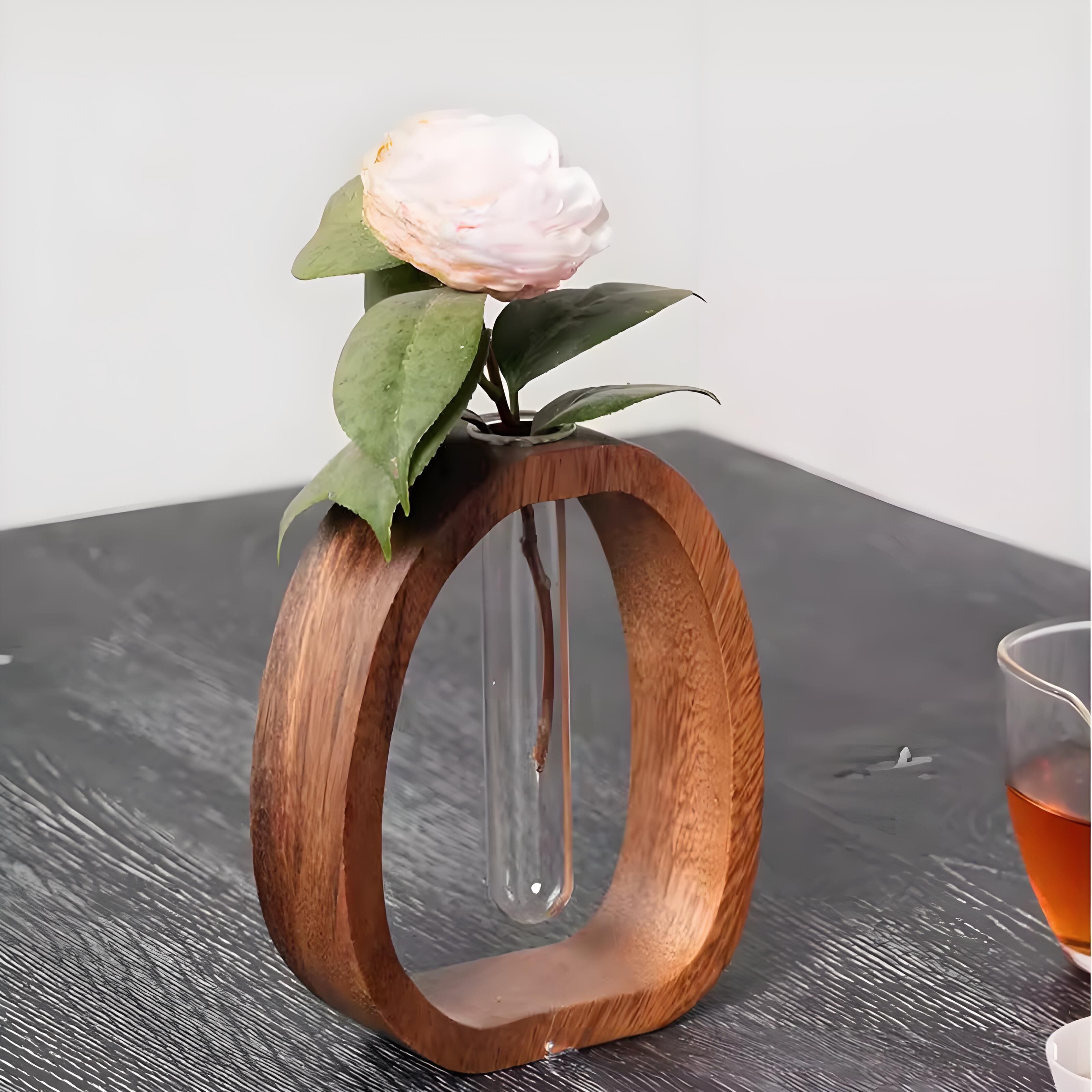 Wooden Glass Hydroponic Vase – Minimalist Desktop Flower Vase for Water Plants & Blooms (9.5cm) | Other Sizes Available in Store — image 4