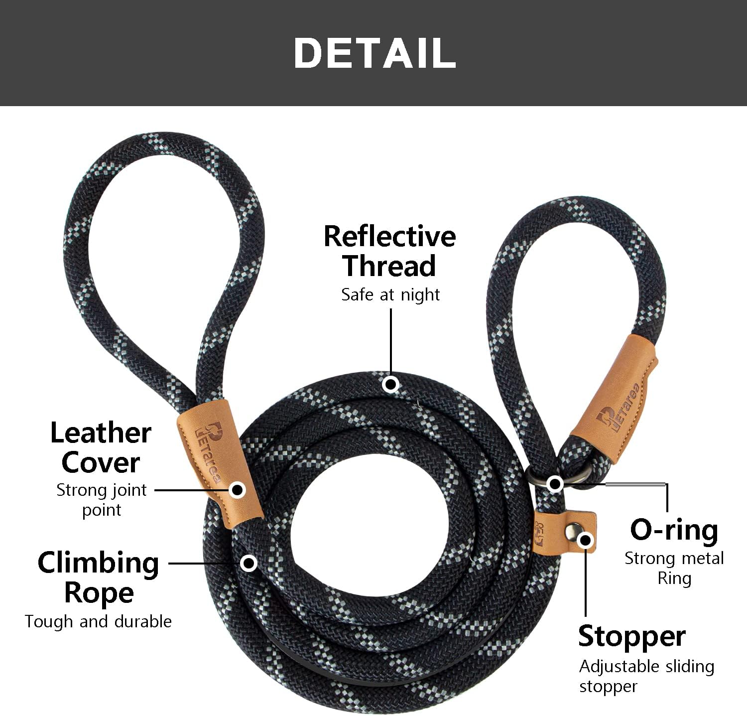 5 FT Slip Lead Dog Leash, Heavy Duty Rope Leash for Small Medium Large Dogs, No Pull Training Lead with Reflective Thread, Strong Comfortable Loop Leash (Black — image 2