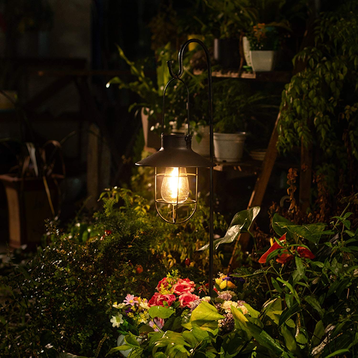 Black Hanging Solar Lights Lantern Lamp with Shepherd Hook,Waterproof Bulb Lights for Garden Outdoor Pathway — image 5