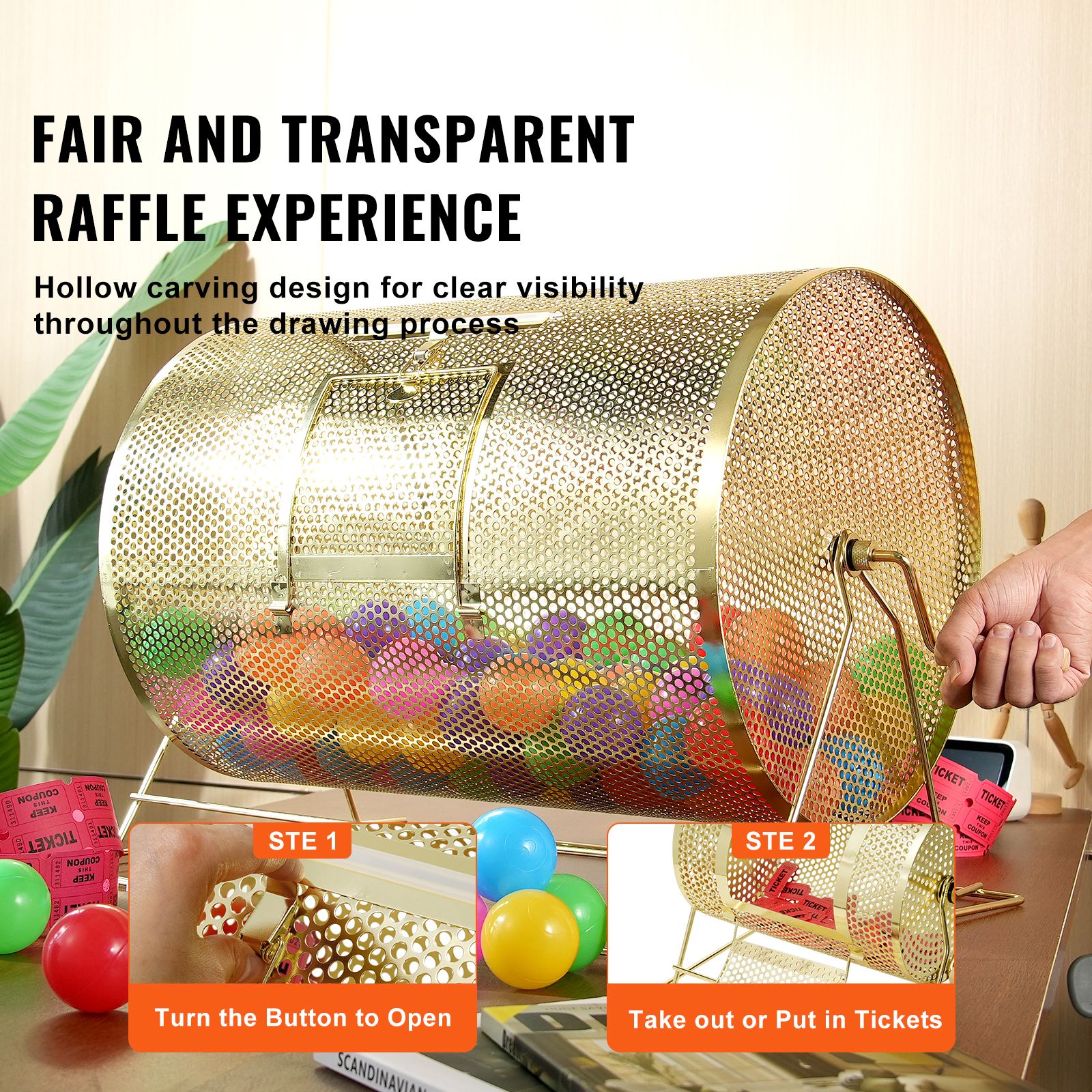 Raffle Drum, 14.8 x Ø21.26 inch Brass Plated Raffle Ticket Spinning Cage, Holds 10000 Tickets or 300 Ping Pong Balls, Metal Lottery Spinning Drawing with — image 6