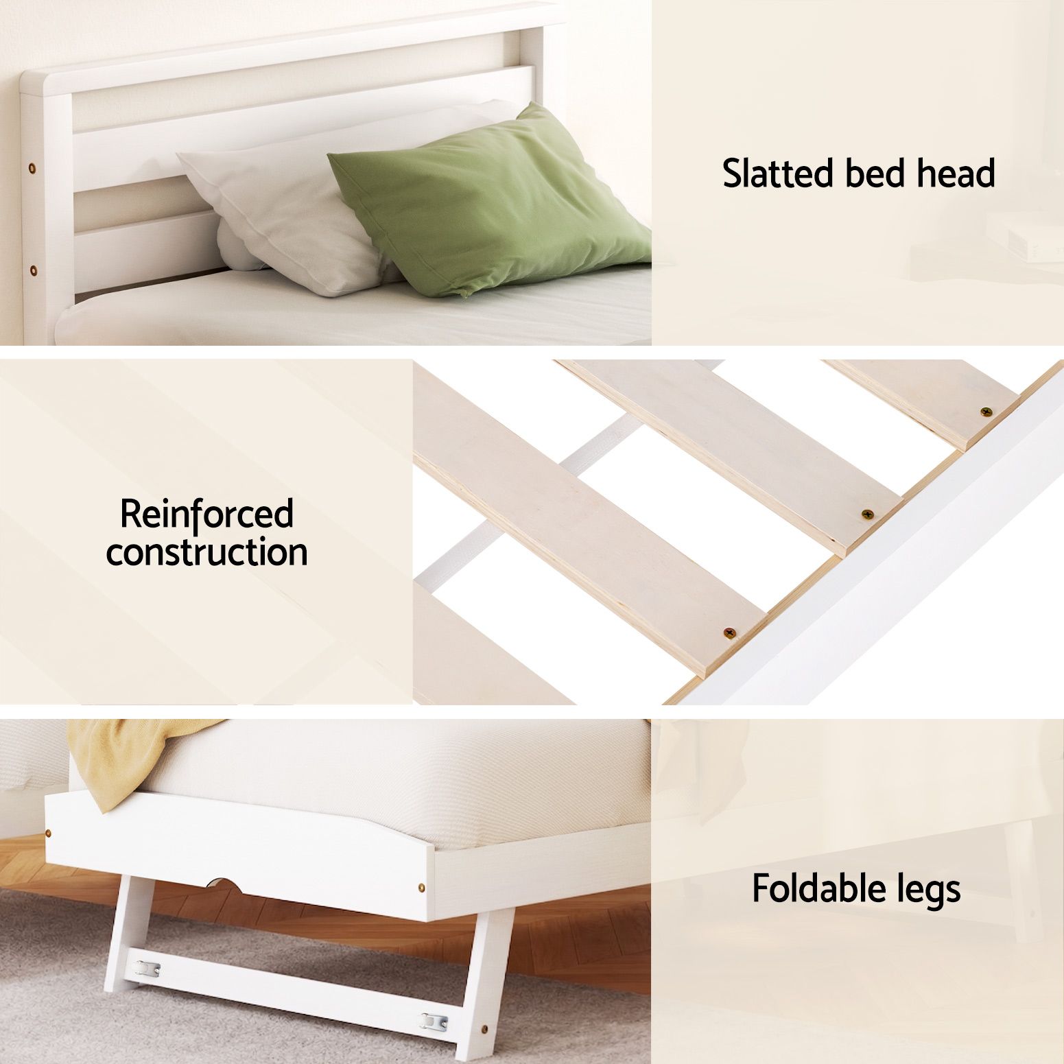 Artiss Bed Frame Single Size 2-in-1 Trundle Wooden White AVIS โ image 6
