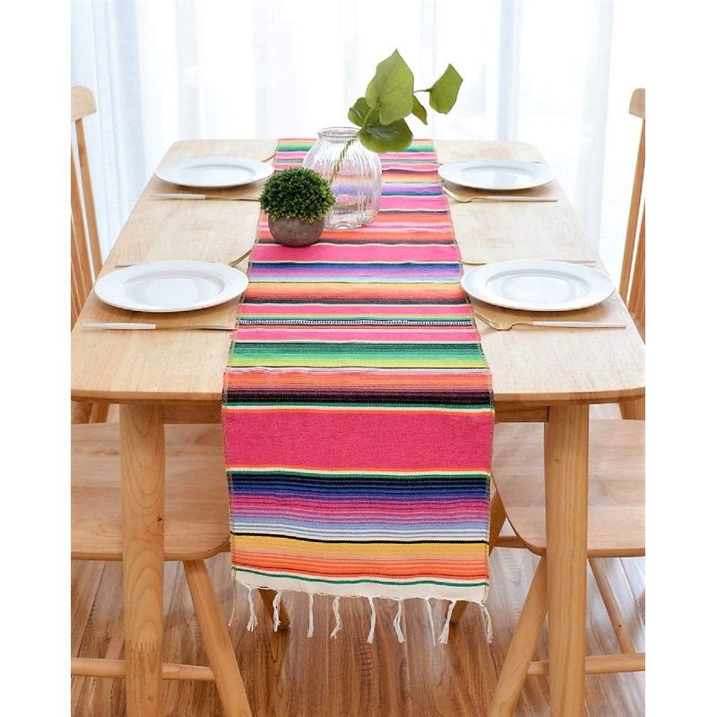 Handwoven Fringe Cotton Blanket Table Runners, Colorful Mexican Stripe Table Runner for Mexican Party Decorations, 14in x 84in — image 2