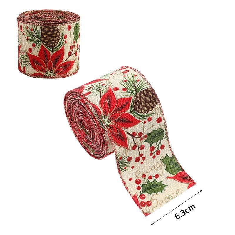 Xmas Burlap Woven Ribbon 6.3CM x 2M, Red Flower Pine Cone Design Satin Ribbon for Christmas Tree & Holiday Party Decor
