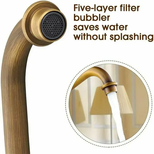 360 Degree Rotation Rotatable Faucet Double Brass Basin Faucet Brushed Kitchen Sink Soft Close Vintage Tap for Hot and Cold, Antique Copper Finish — image 2