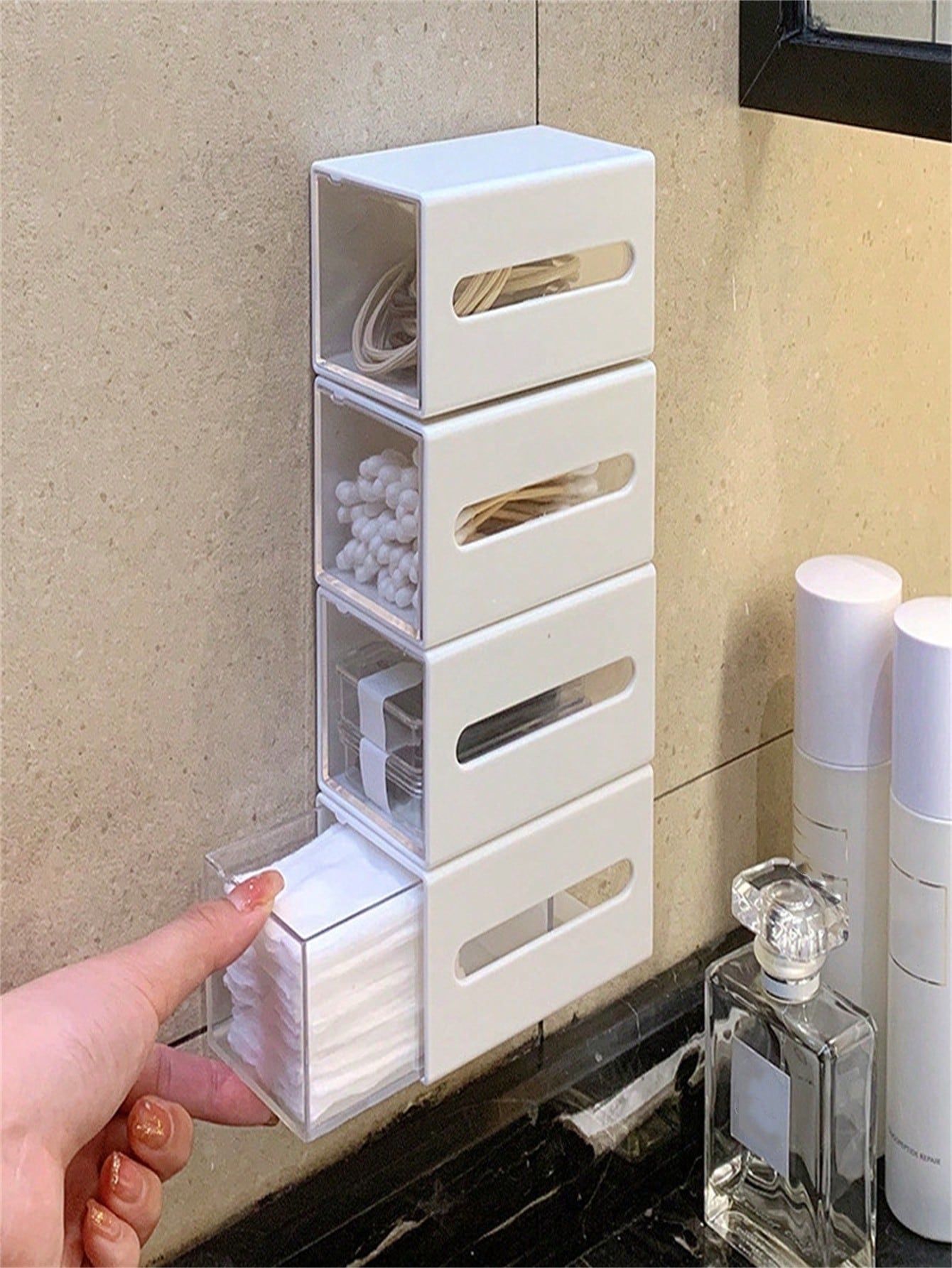4Pc White Wall Mounted Swab Storage Box Transparent Clear Drawer Organizer For Bathroom Hair Accessories and Jewelries