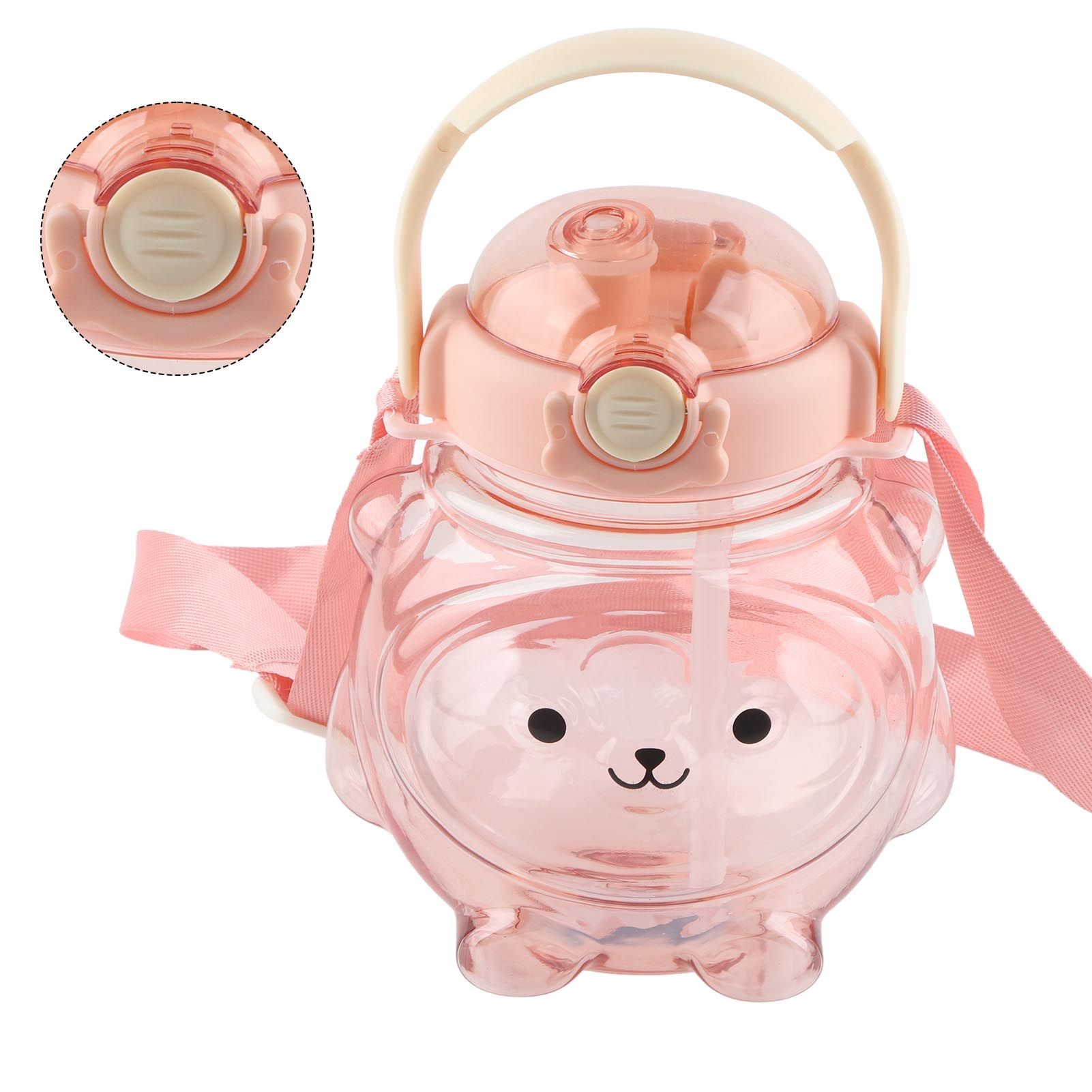 Large Water Bottle 1000ml Cartoon Bear Shape Portable Drinking Bottle with Straw Strap for Summer Pink — image 4