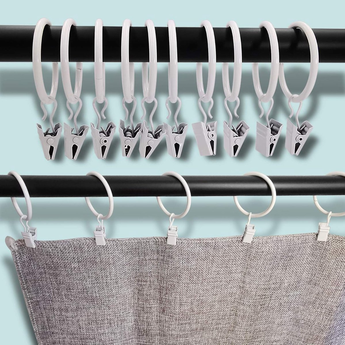 Curtain rings - 45 pieces - Inner diameter 3.8CM - White - Curtain clips for curtain rods - Metal clamps with clip - Hooks for shower curtains, towels, tea โ image 4