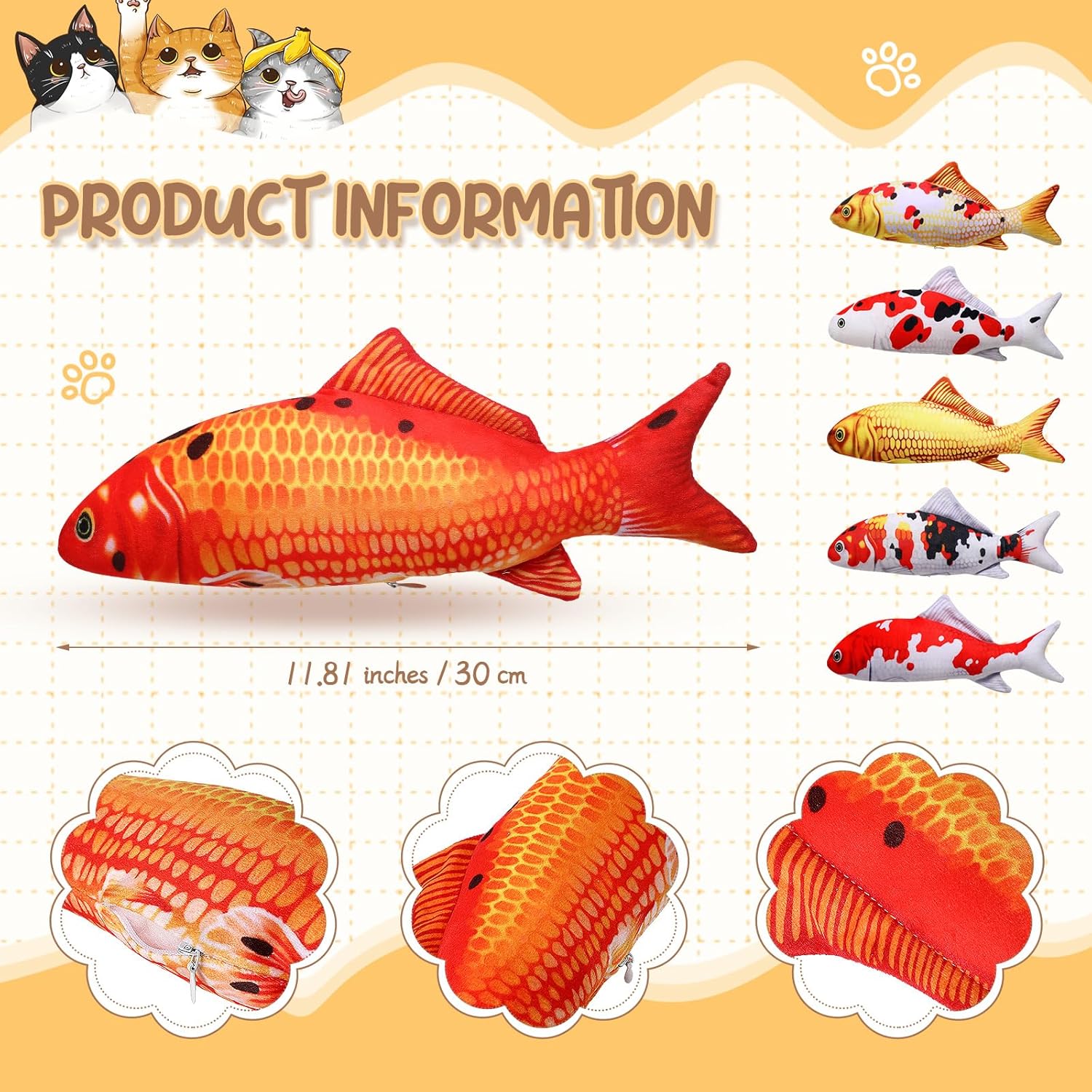6 Pcs 12 Inch Fish-Shaped Soft Cat Cushions Pillow Realistic Pet Carp Play Pillow for Cats Birthday Gift(Classic Style) — image 2