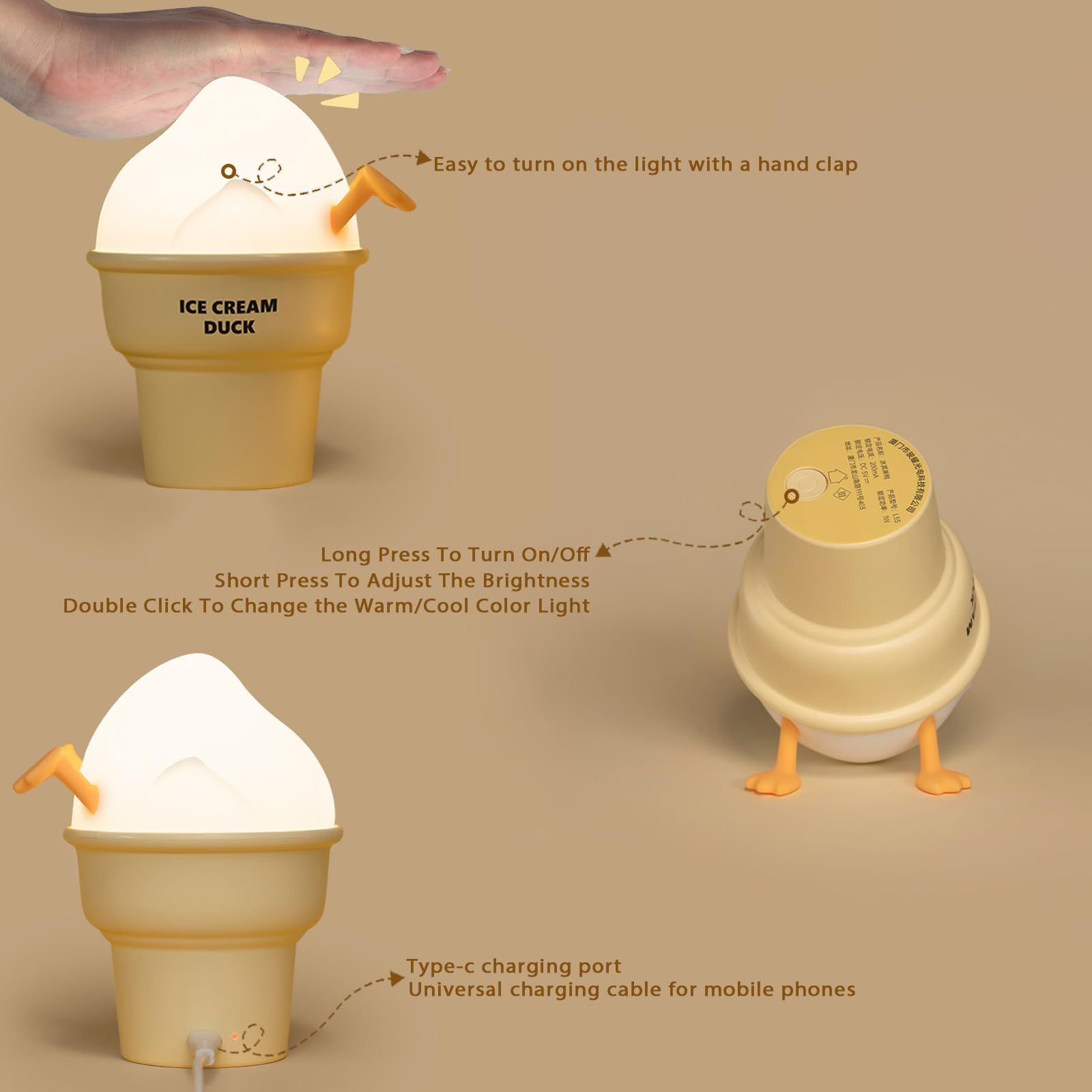 Cute Ice Cream Duck Night Lights for Kids Room, 3 Level Dimmable & Rechargeable Nursery Nightlight, Cute Lamps, Fun Stuff/Gifts — image 5