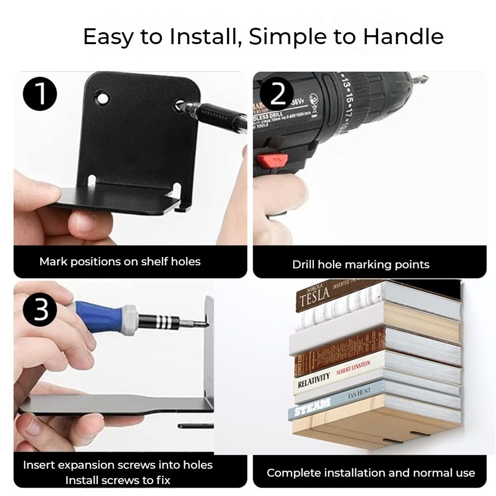 2 PCS Black Invisible Floating Bookshelf, Heavy-Duty Hanging Bookshelves, Constructed Wall Mounted Hidden Bookshelf with Mounting Hardware โ image 5