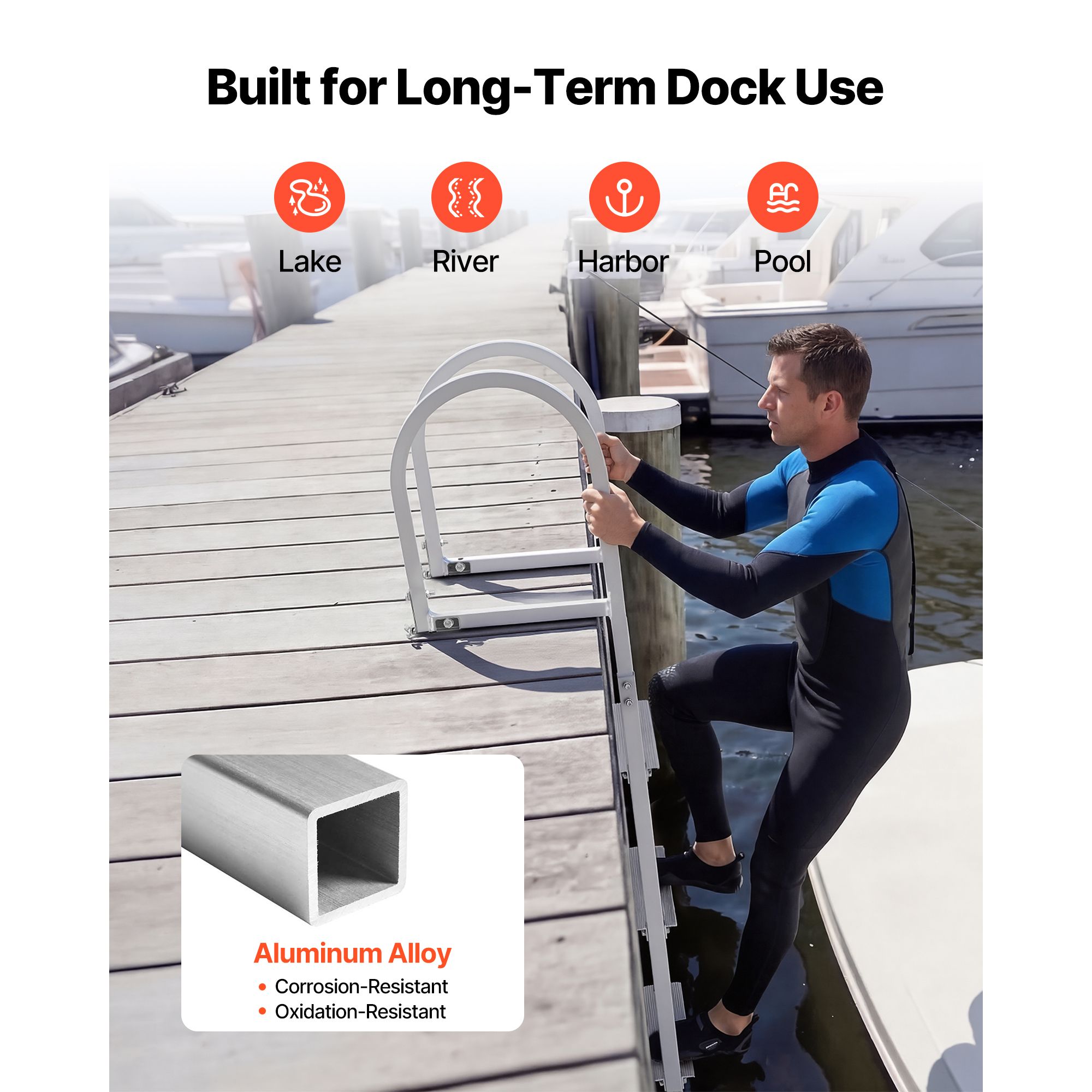 Removable Dock Ladder, 4 Steps, Aluminum Alloy Pontoon Boat Swim Ladder, with Non-Slip Wide Steps, 227 kg Weight Capacity, Quick Release Design, for Lake — image 5
