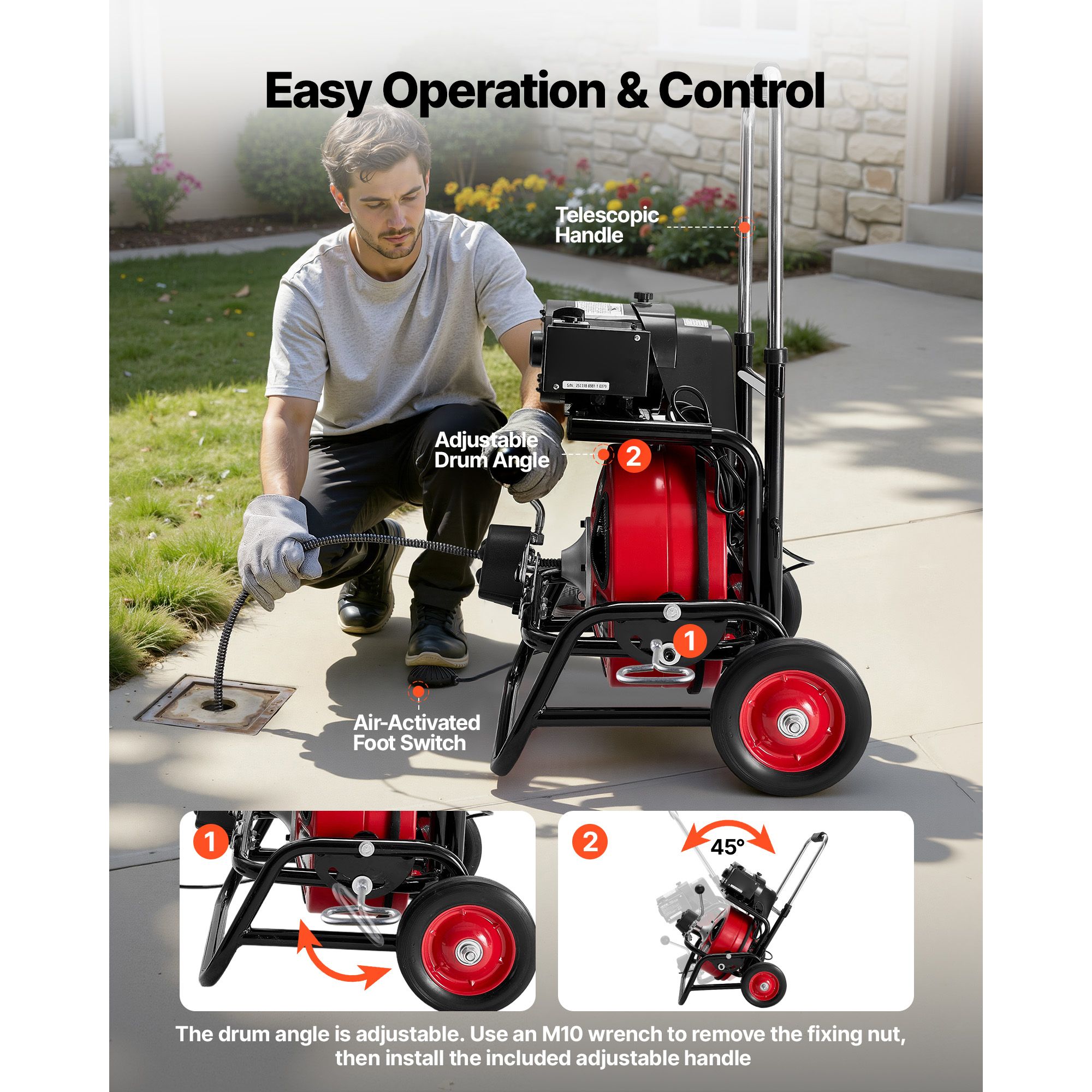 Drain Cleaner Machine 22m x 12.7mm, Auto Feed Sewer Snake Auger, Portable Drain Cleaning Machine with Climbing Wheels, Adjustable Drum, 8 Cutters & Foot Switch โ image 5