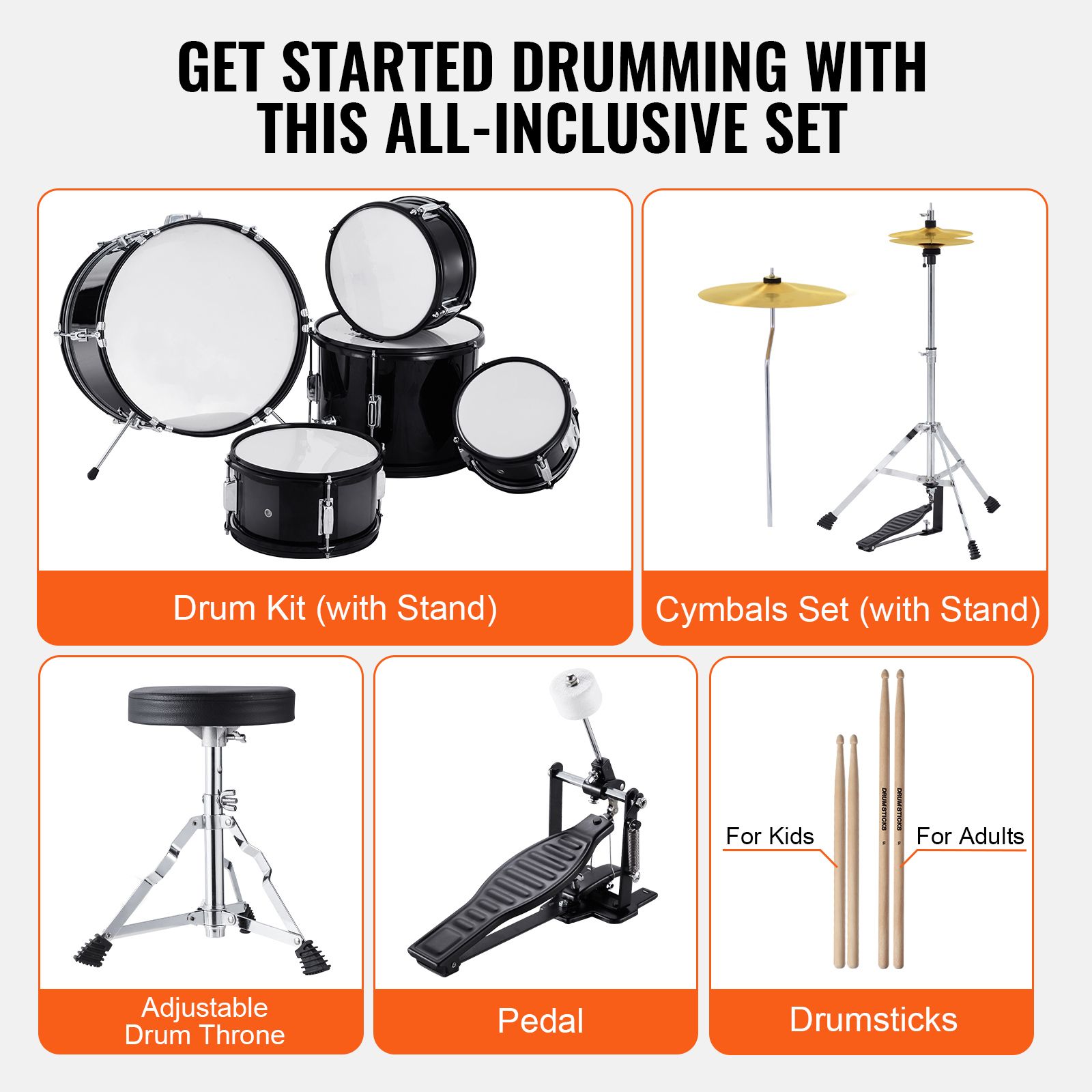 Kids Drum Set, 5-Piece, 406.4 mm Beginner Full Drum Set with Bass Toms Snare Floor Drum Adjustable Throne Cymbal Hi-Hat Pedal and Two Pairs of Drumsticks — image 6