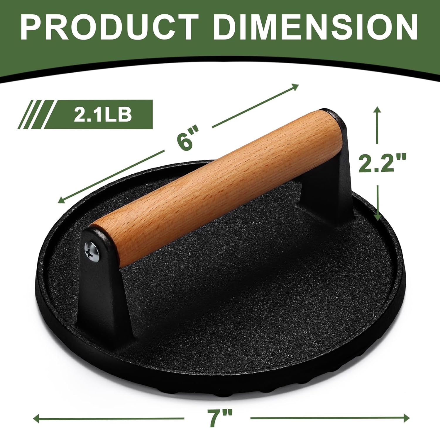 Burger Press, 7" Round Heavy-Duty Cast Iron Smash Bacon Press Meat Steak with Wood Handle for Griddle, Sandwich, Nonstick Pan — image 2