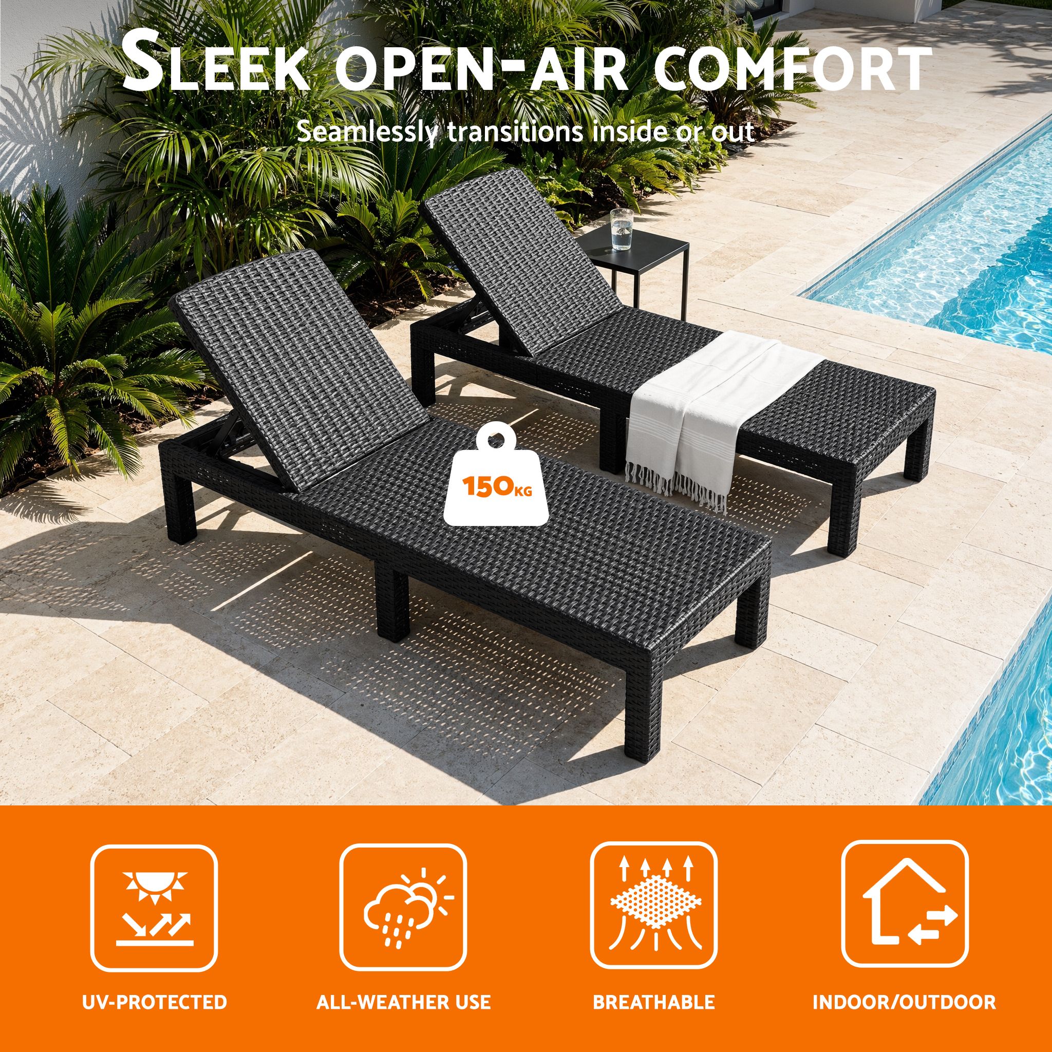 Gardeon Sun Lounge Outdoor Folding Recliner Patio Pool Beach Chair Rattan Black โ image 4