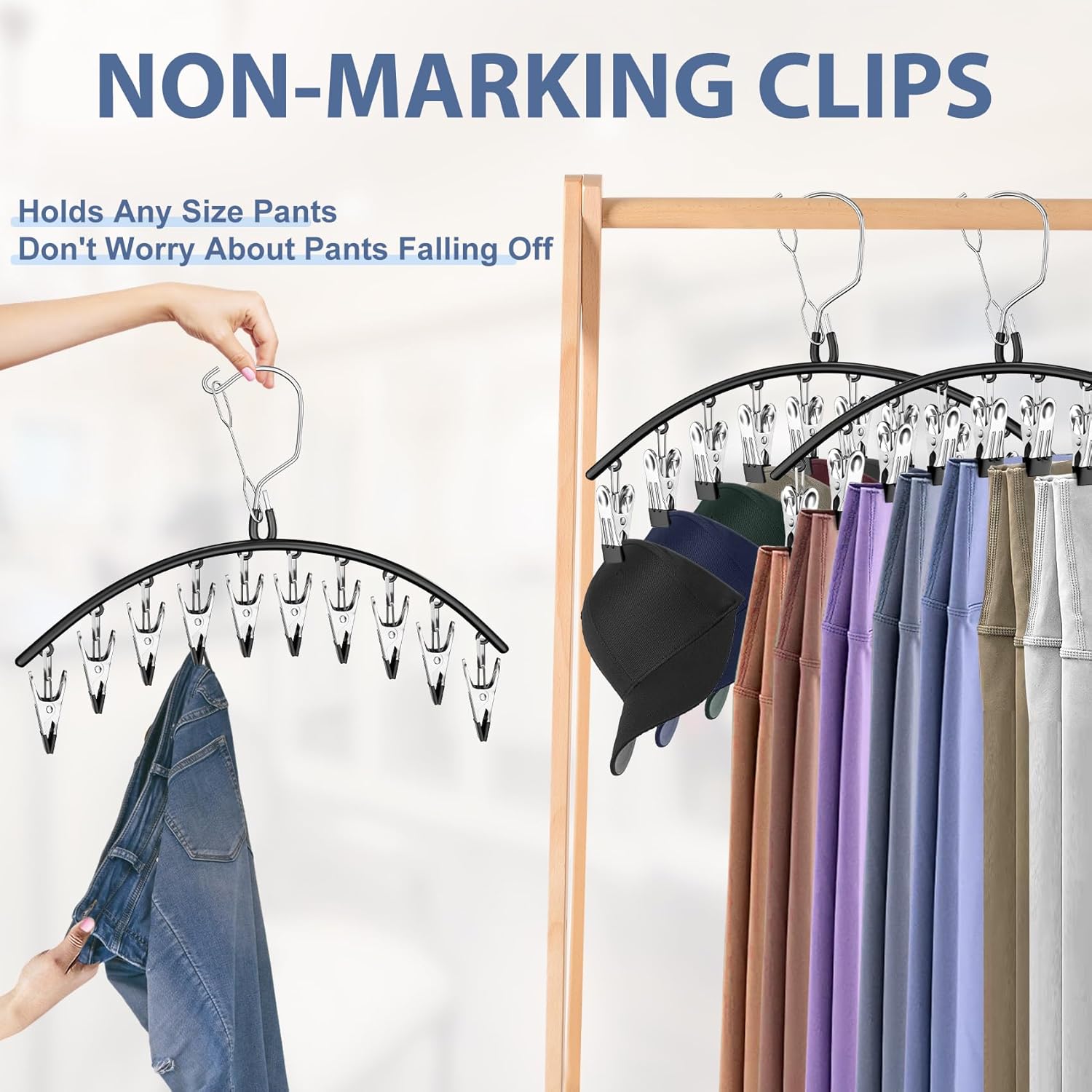 3 Pack Skirt Pants Hangers with Clips, Legging Organizer for Closet Hanging with 10 Cilps Holds 30 Leggings/Shorts/Jeans/Skirts Pants Hangers Space Saving — image 5