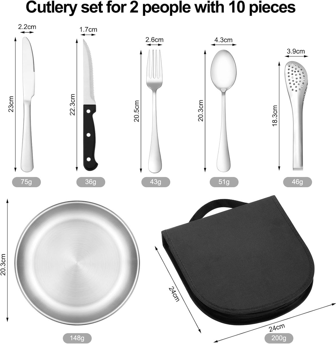 2 Person Cutlery Set (10-piece) - Camping Set for 2 People - Spoons, Knives, Forks, Steak Knives - 10 Pieces Stainless Steel Cutlery - Including Carrying Bag — image 6
