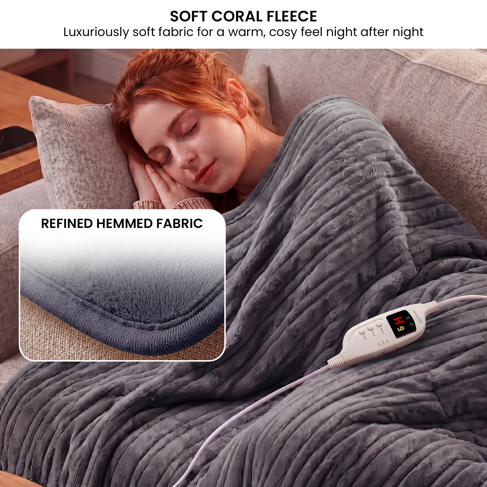 Laura Hill Electric Heated Blanket Throw Soft Coral Fleece w/ 9 Heat Settings - Grey โ image 4