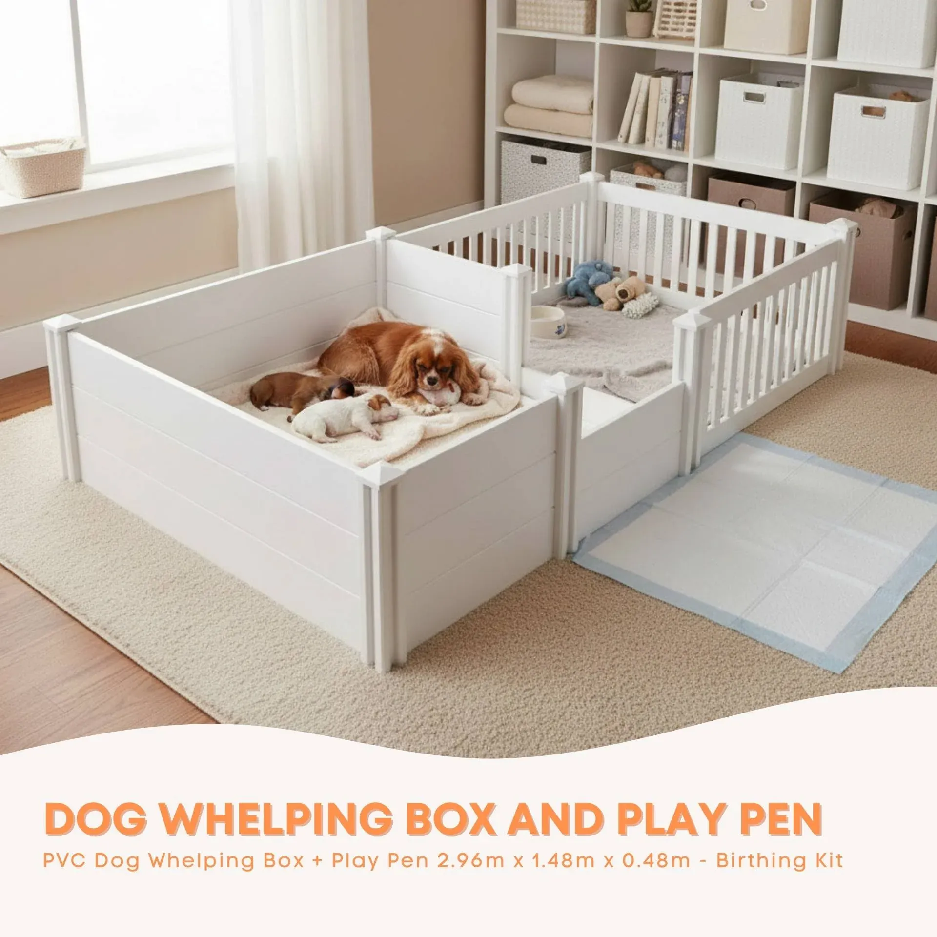 Rooster Farms 2.96m x 1.48m PVC Dog Whelping Box + Playpen Kit - Anti-Crush Rail — image 2
