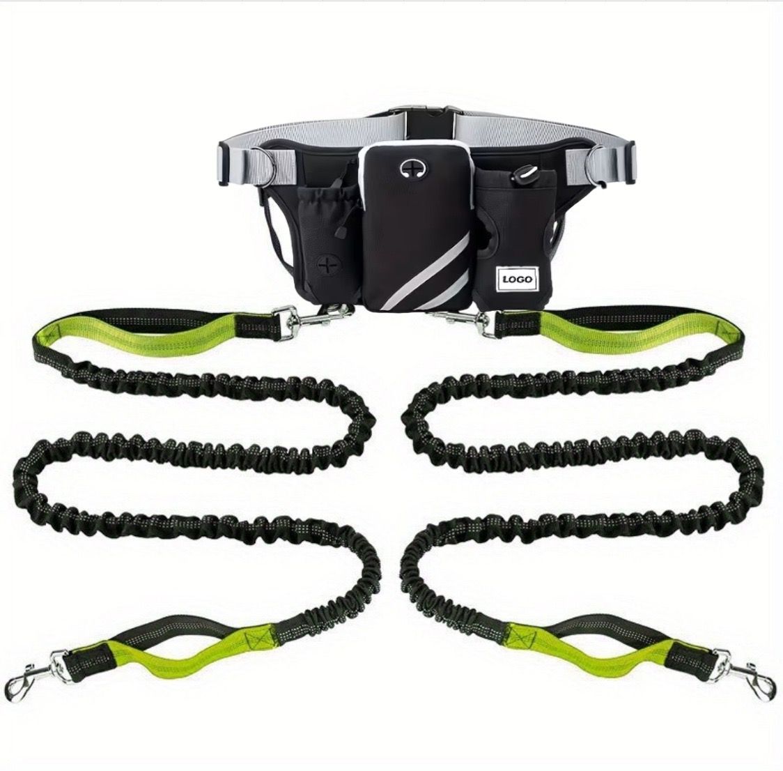 Hands-Free Dual Dog Leash Waist Pack for Running, Walking, and Hiking – Adjustable Oxford Belt with Reflective Strips, Shock-Absorbing Bungee Leashes, 360°