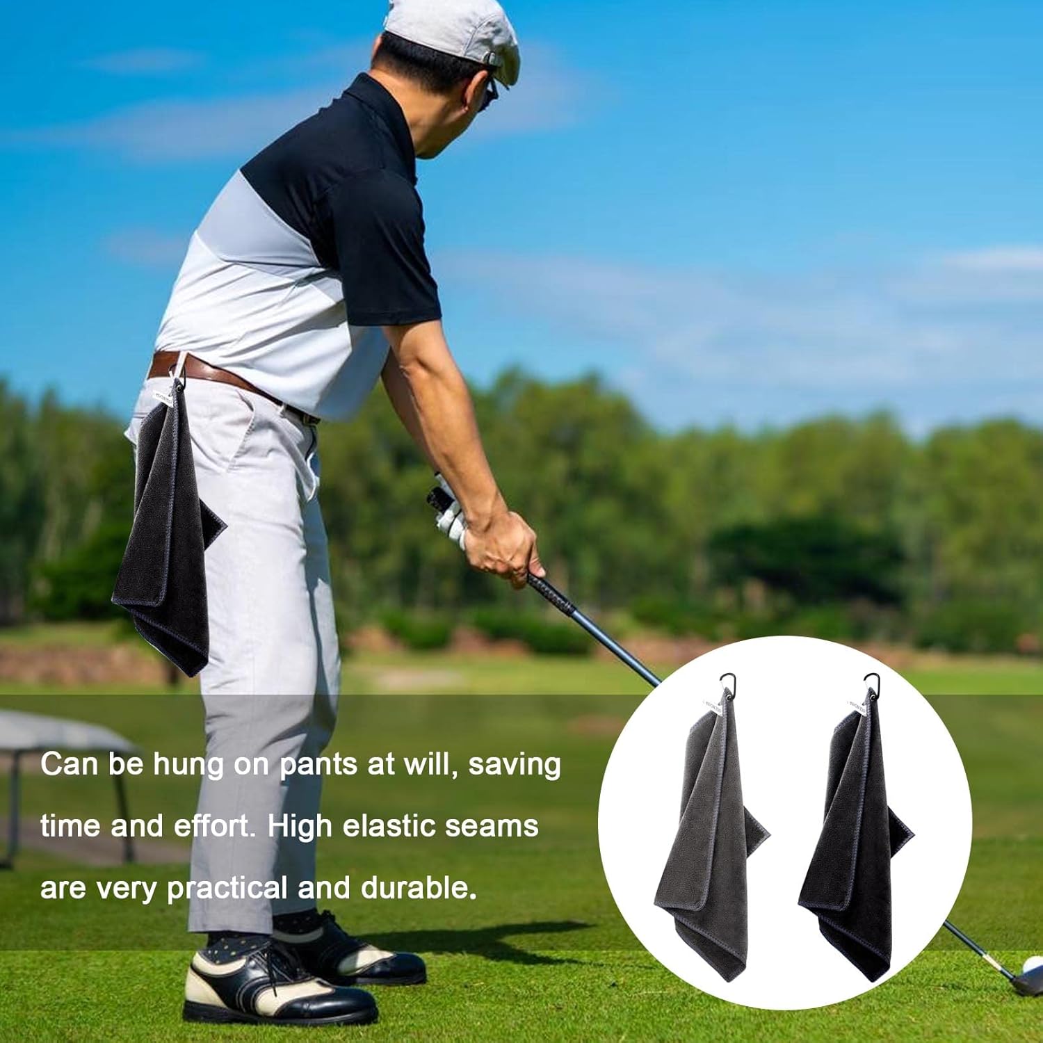 2 pieces golf towels- absorbent cleaning towels- multifunctional towels with carabiner for golf bags- fitness- sport- outdoor- yoga (2 colours)- black โ image 5