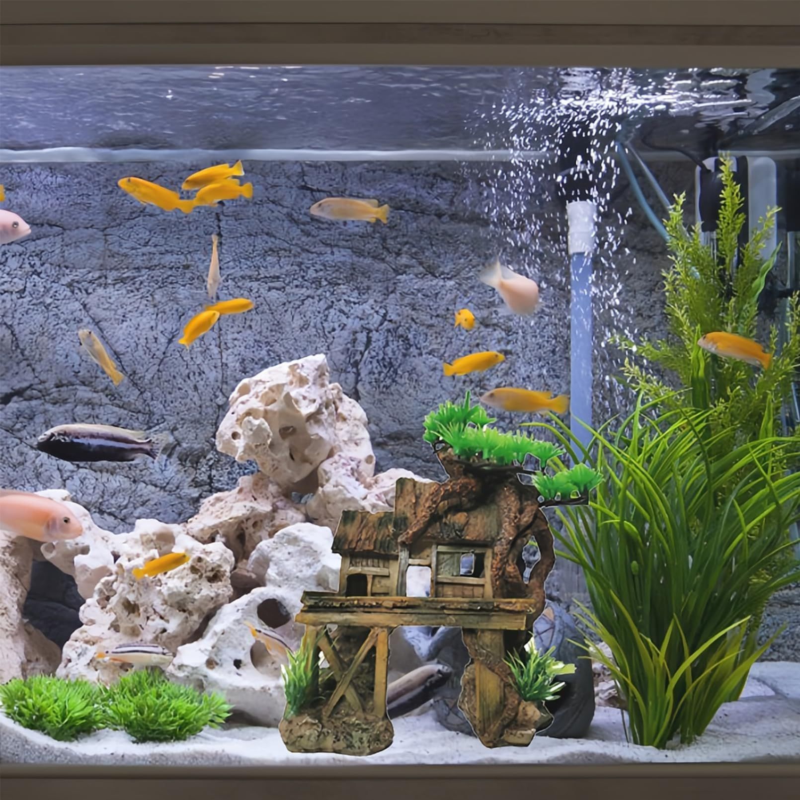 Aquarium Decorations Fish Tank Ornaments House on Terrace with Tree Root Resin Handicrafts for Betta Fish — image 2