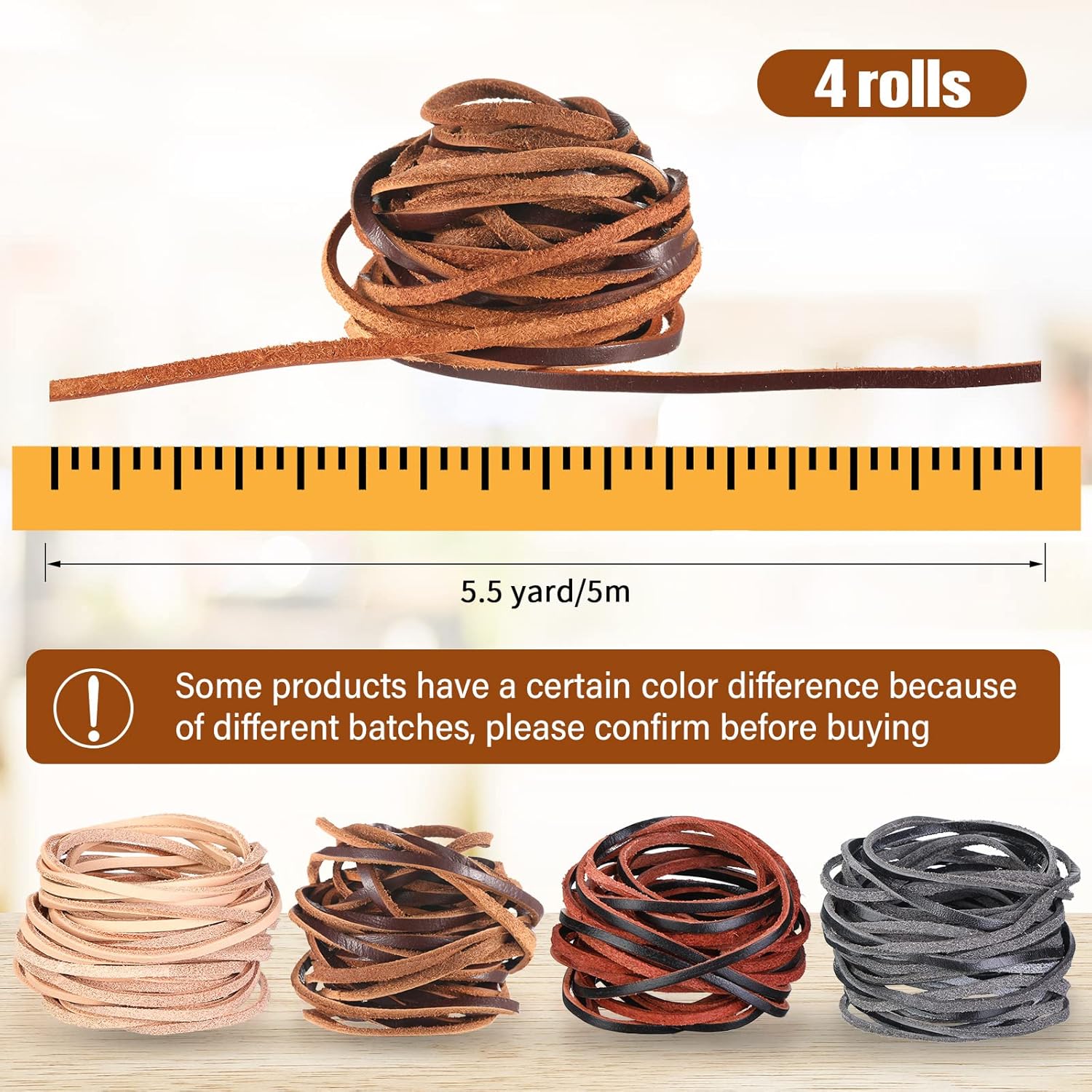 Cowhide rope - 4 rolls - 3mm - 5 meters - Real leather rope - Natural edge strip - Braided rope - Leather strip - DIY jewelry accessories - Braided bracelet — image 3