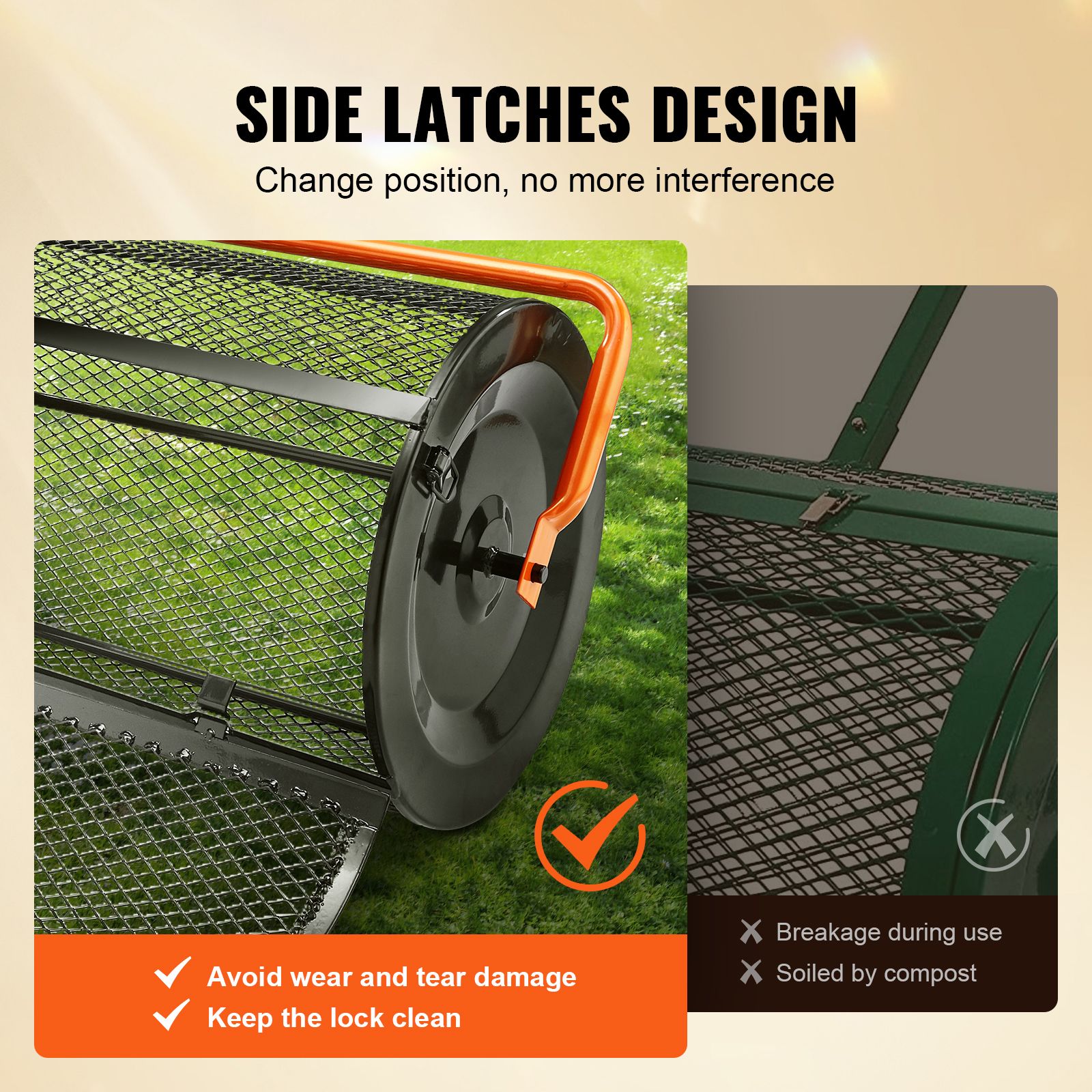 Compost Spreader, 24.4-25.6" Height Adjustable Handle, 24" Wide, Lawn and Garden Peat Moss Roller with Side Latches, Powder Coated Steel Mesh Basket for — image 4