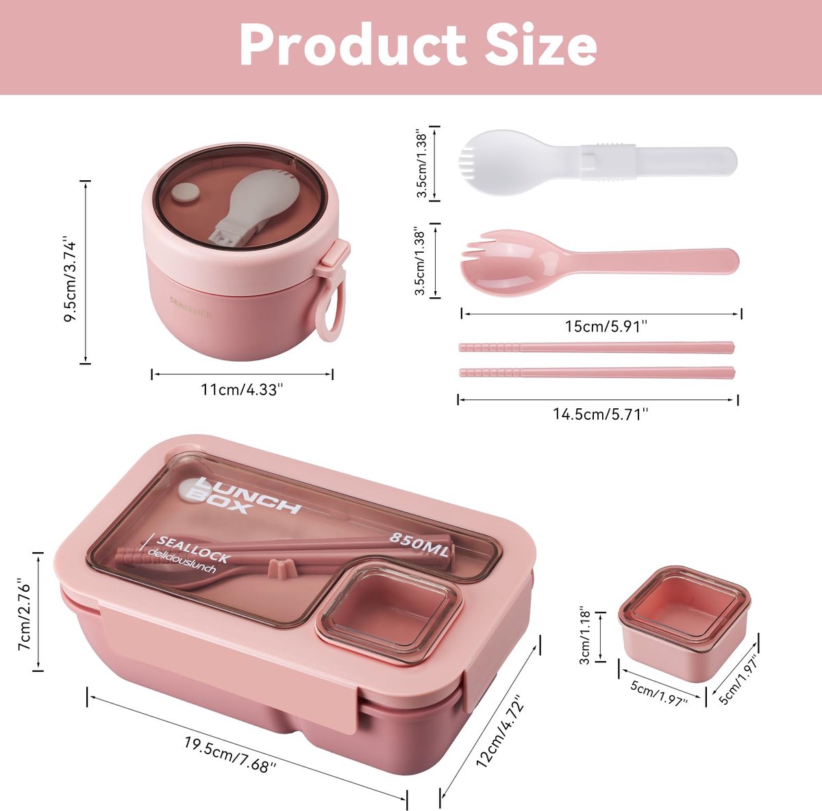 Bento Box - Bento Set with Cutlery - Lunch Bag - Lunch Box - Leakproof Food Container with Compartments - Lunch Box for Kids, School, Office, Picnic - Pink — image 5