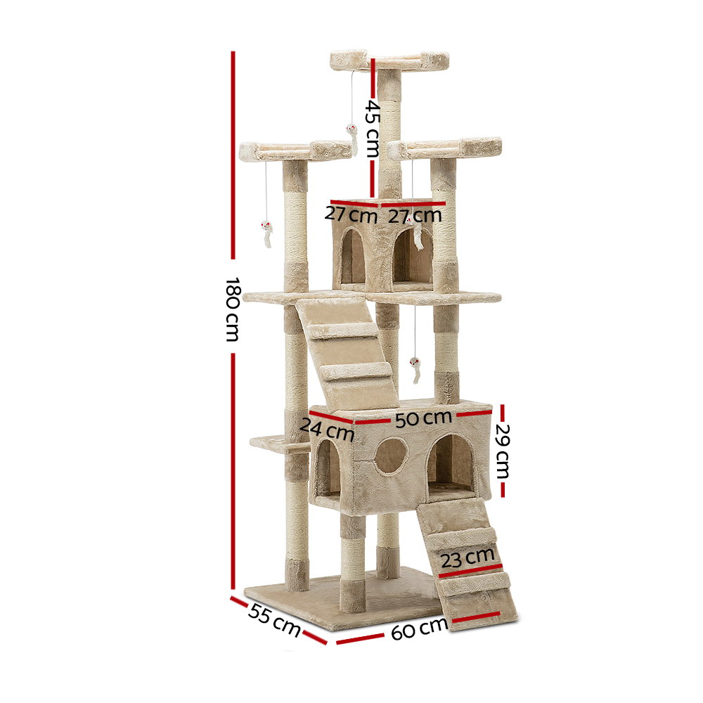 i.Pet Cat Tree 180cm Tower Scratching Post Scratcher Wood Condo House Toys Beige — image 2