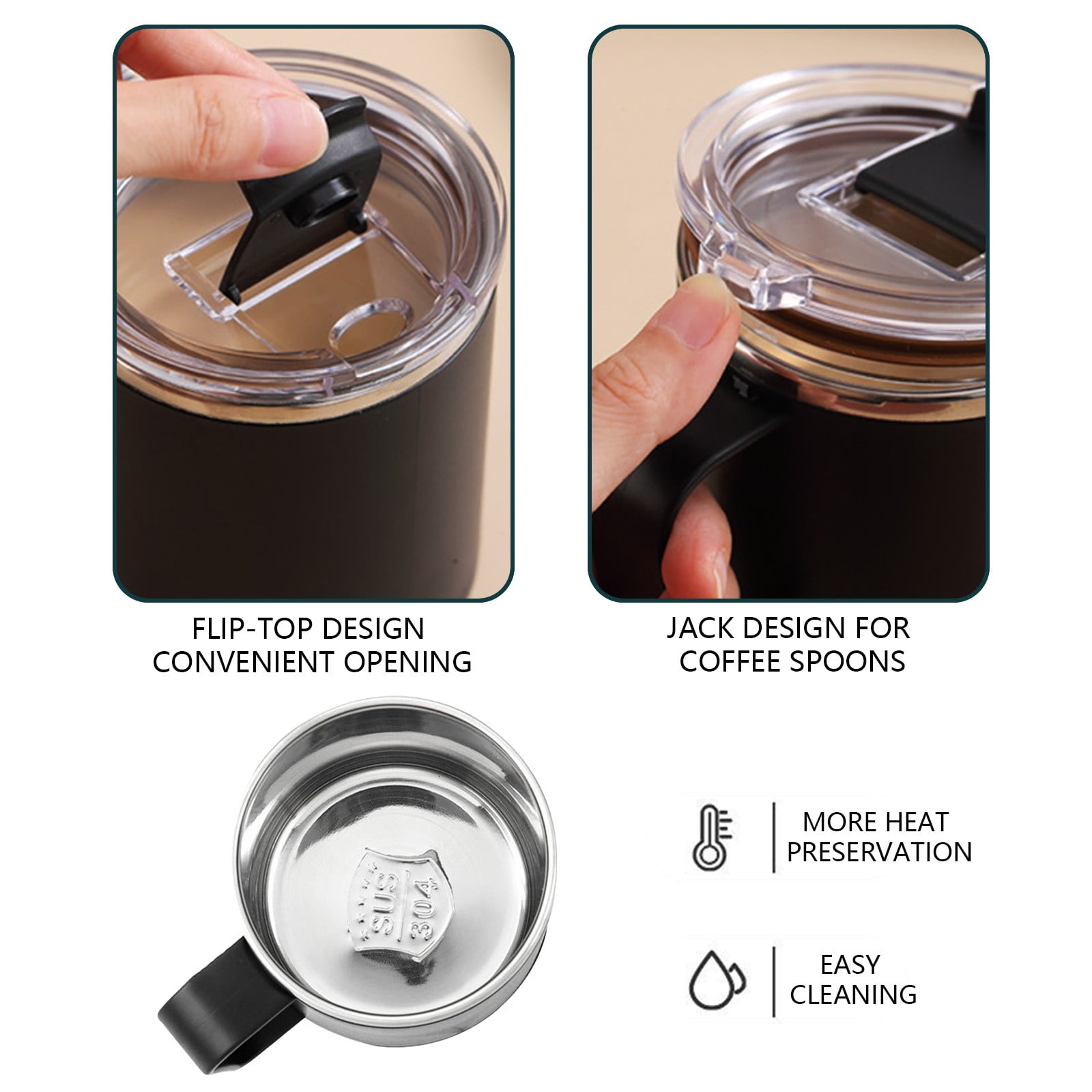 1 Piece Insulated Stainless Steel Coffee Travel Mug, Reusable Coffee Cup with Handle and Lid, Microwave Safe, Black — image 3