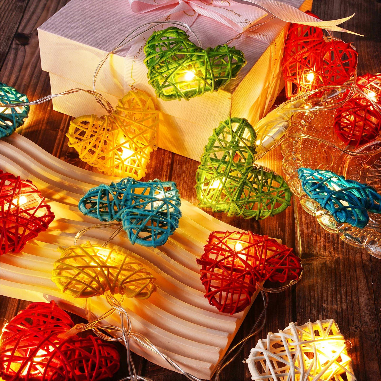 20 Rainbow 3D Hollowed Rattan Heart-Shaped 3M String Fairy Lights, Battery (AA) Indoor & Outdoor Decorations Birthday Kids Celebration PartyRoom