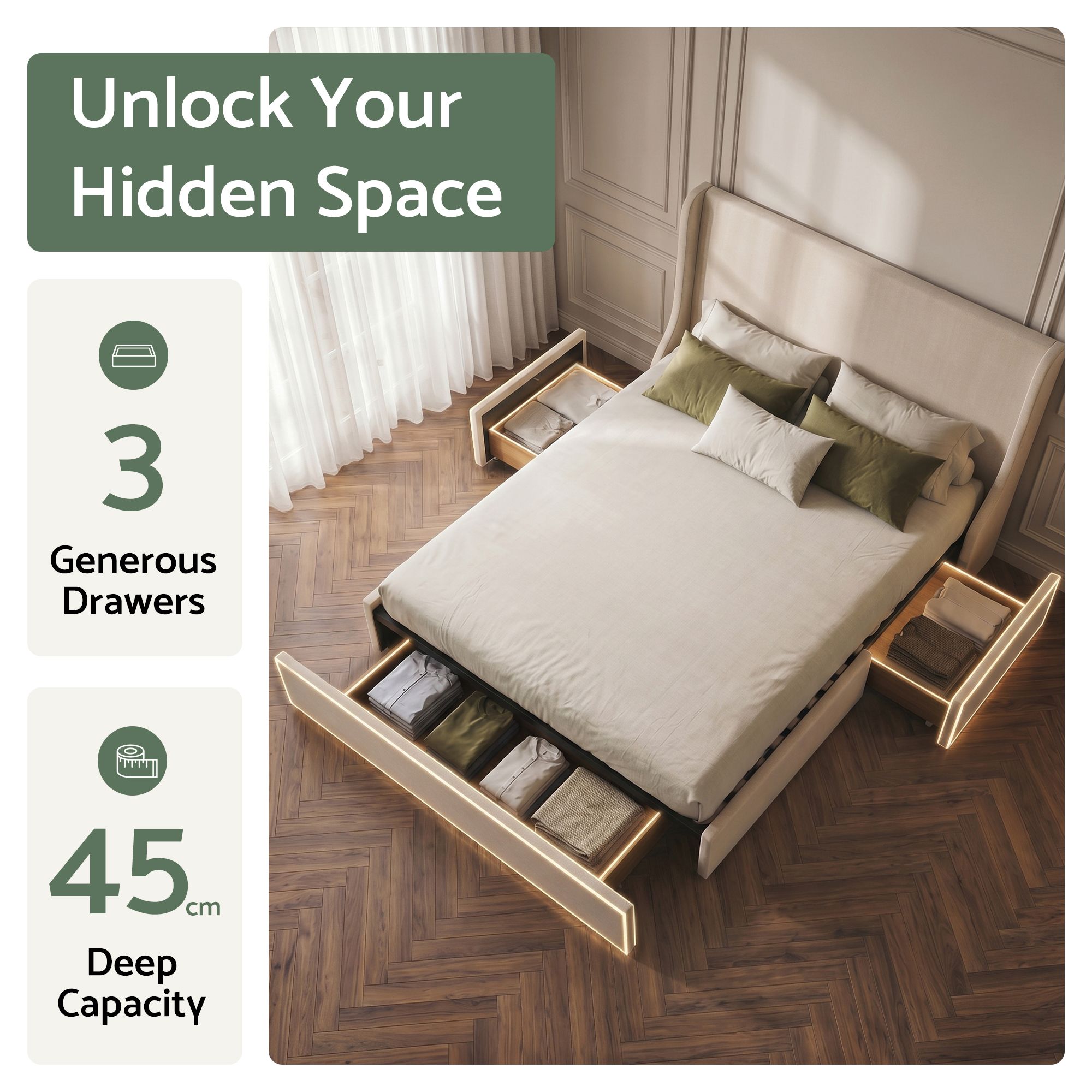 Artiss King Upholstered Bed Frame with 3 Storage Drawers Wingback Headboard Heavy Duty Metal Platform Base โ image 5