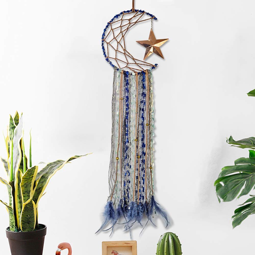 Blue Dream Catcher Handmade Half Circle Moon Design Dream Catcher Feather Hanging with Star Home Decoration Ornament — image 2