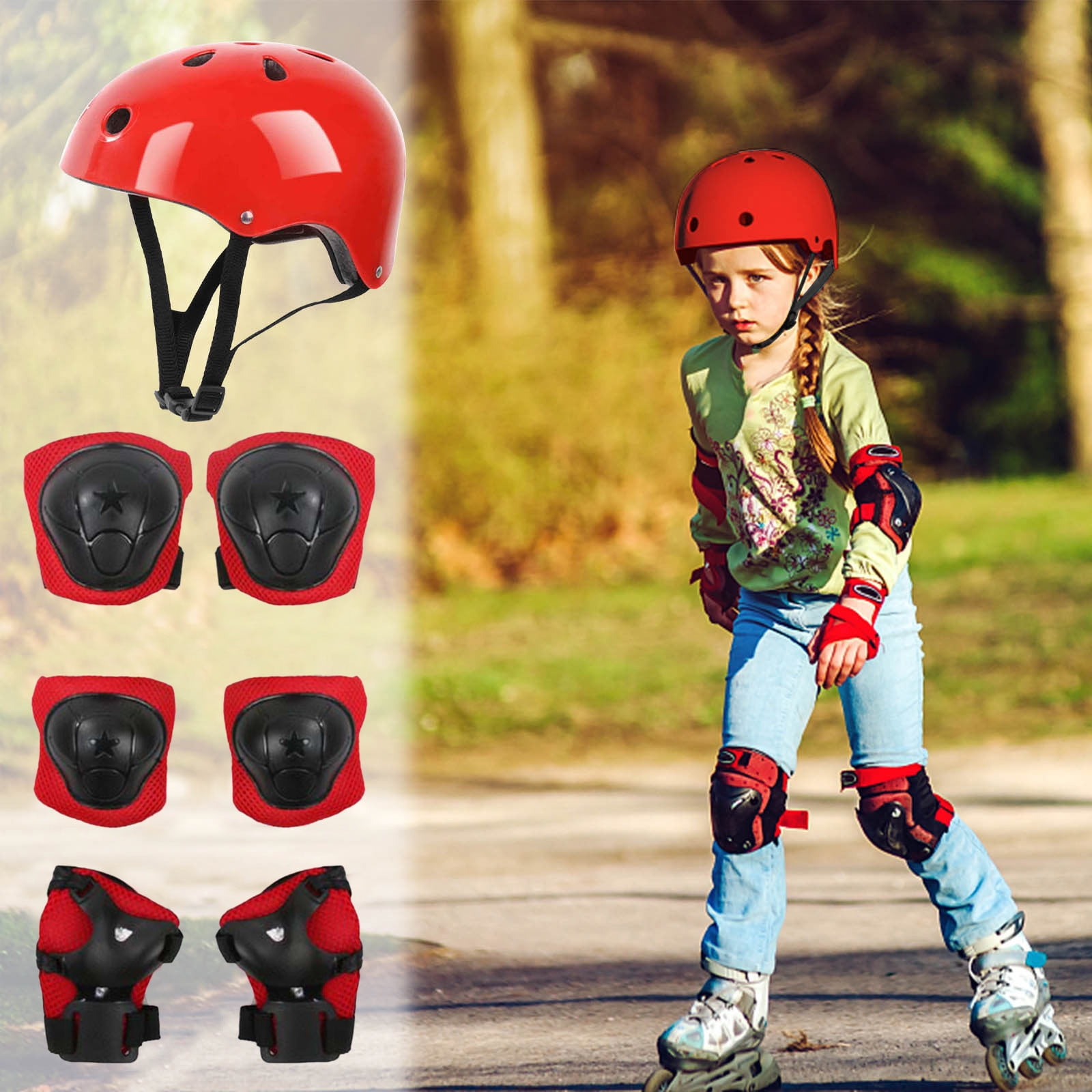 Kids Helmet Knee Elbow Pads Wrist Guard Sport Protective Gear Adjustable Scooter Skateboard Roller Bike Skate Cycling Set for Boy Girl Red — image 3