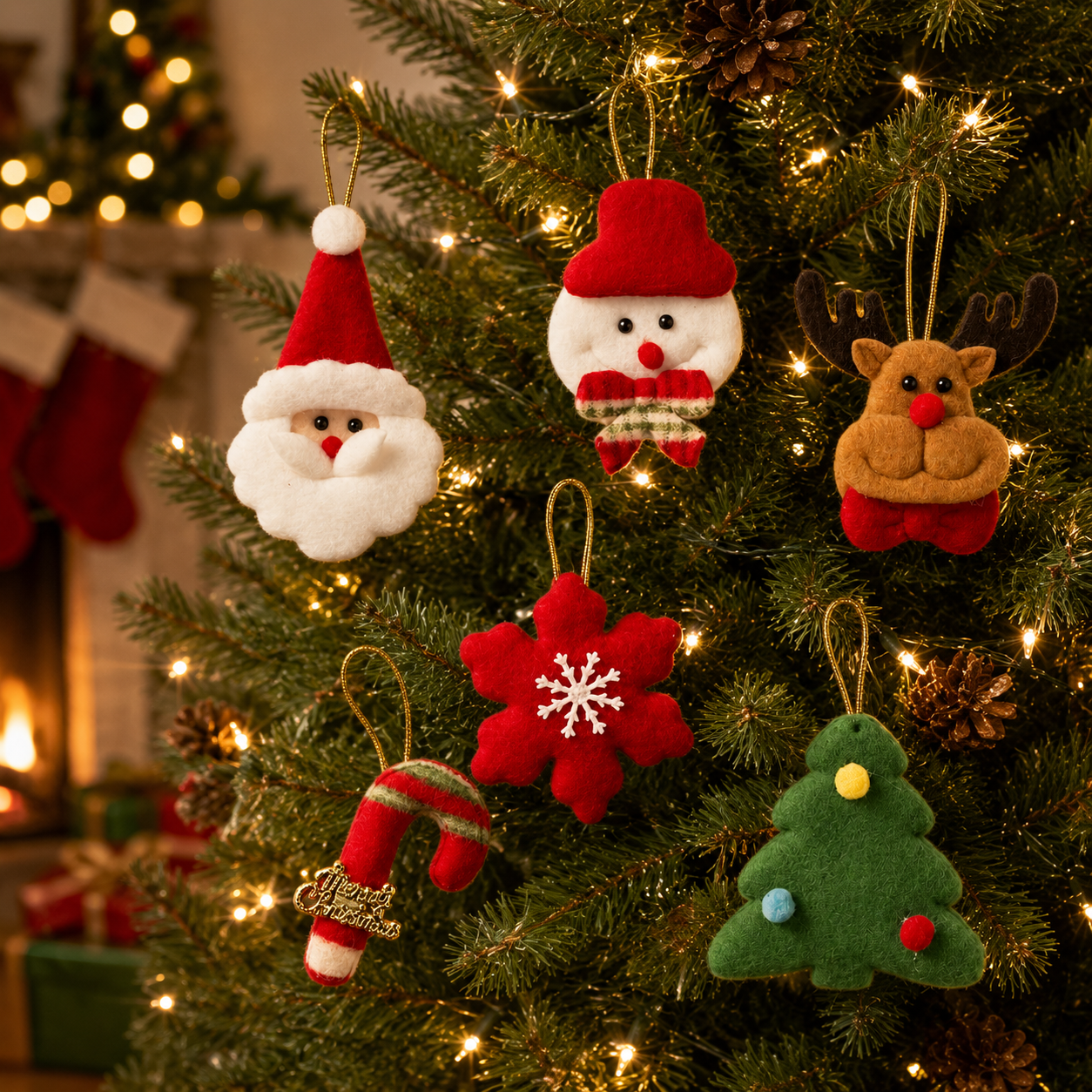 6Pcs Christmas Felt Hanging Ornament Set Santa Snowman Reindeer Tree Snowflake Candy Cane Xmas Tree Decorations β image 2