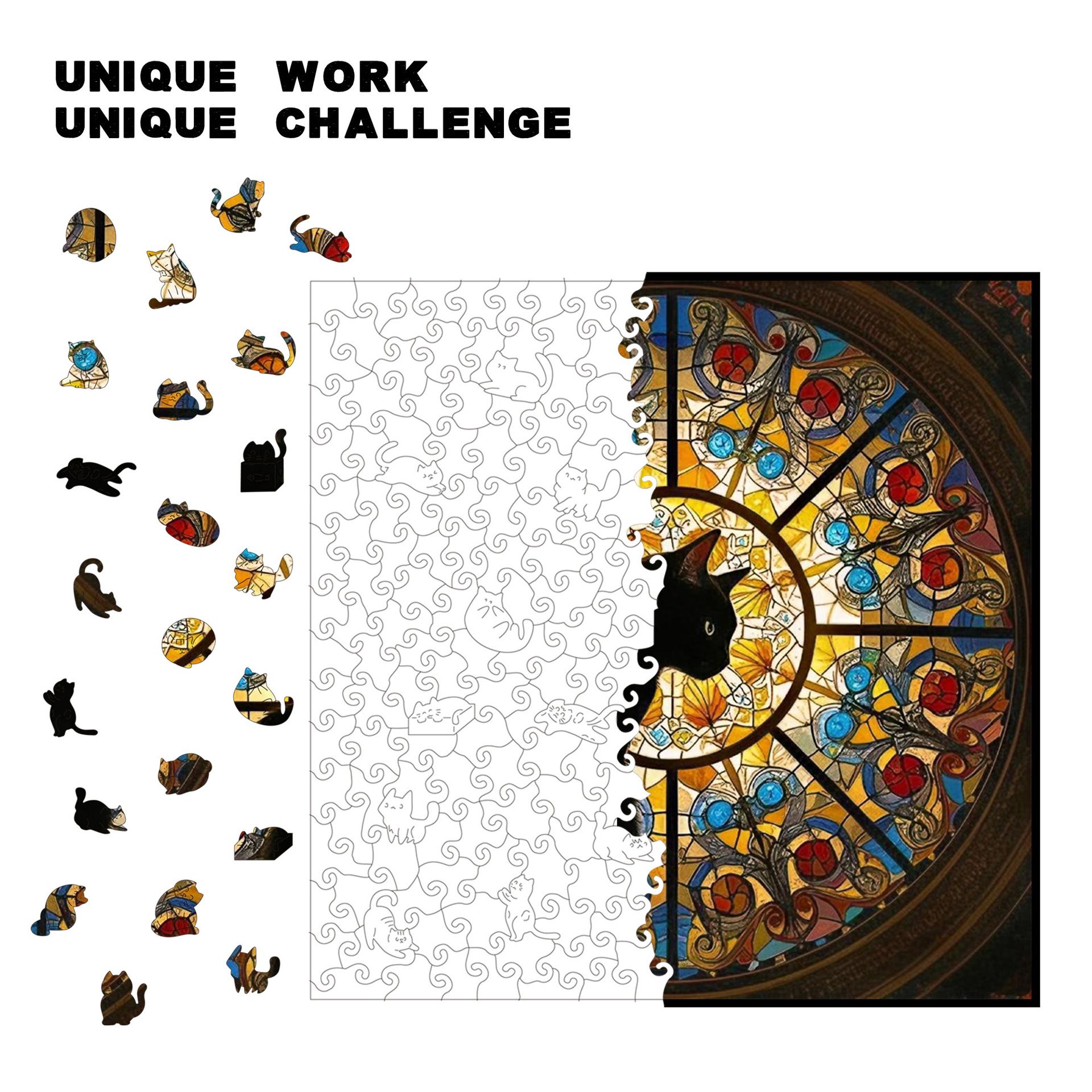 L size Cat Stained Glass Wooden Puzzle Irregular Shaped Jigsaw Puzzle High Difficulty Wooden Brain Teaser Cathedral Black Cat Mosaic Puzzle Gift for — image 2