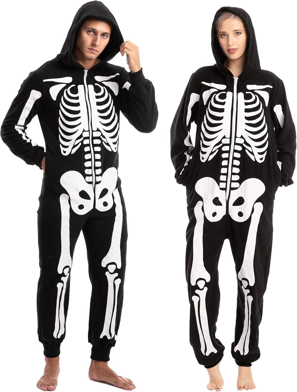 Unisex Skeleton Onesie Pajamas Plush Skeleton Jumpsuit Zipper Halloween Hoodie Pajamas for Adults Sleepwear Costume Black L