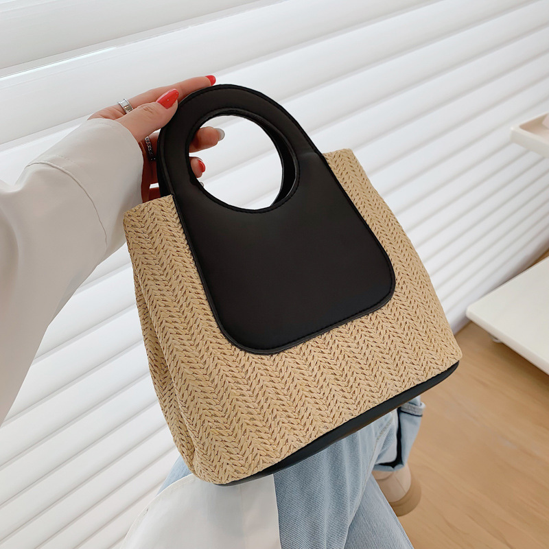 Retro Straw Tote Bag - Woven Handbag with Contrast Panel & Round Handles โ image 3