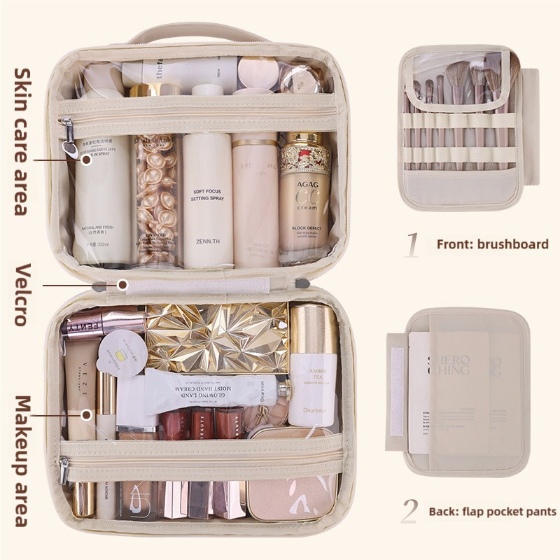 Brown Portable PU Leather Makeup Bag with Detachable Divider - Travel Cosmetic Organizer โ image 4